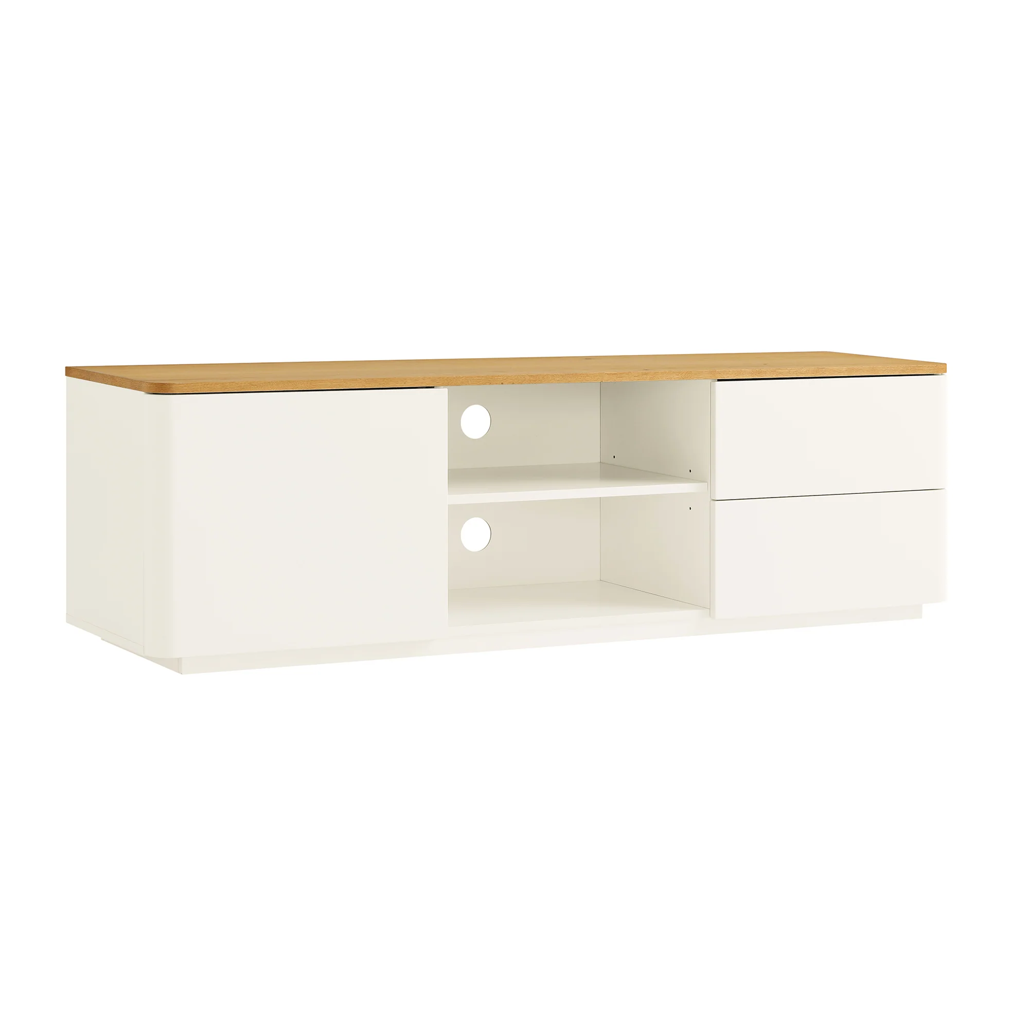 Agnes Curved Edge 150cm Wide TV Unit, Off White with Oak Top - Image 10