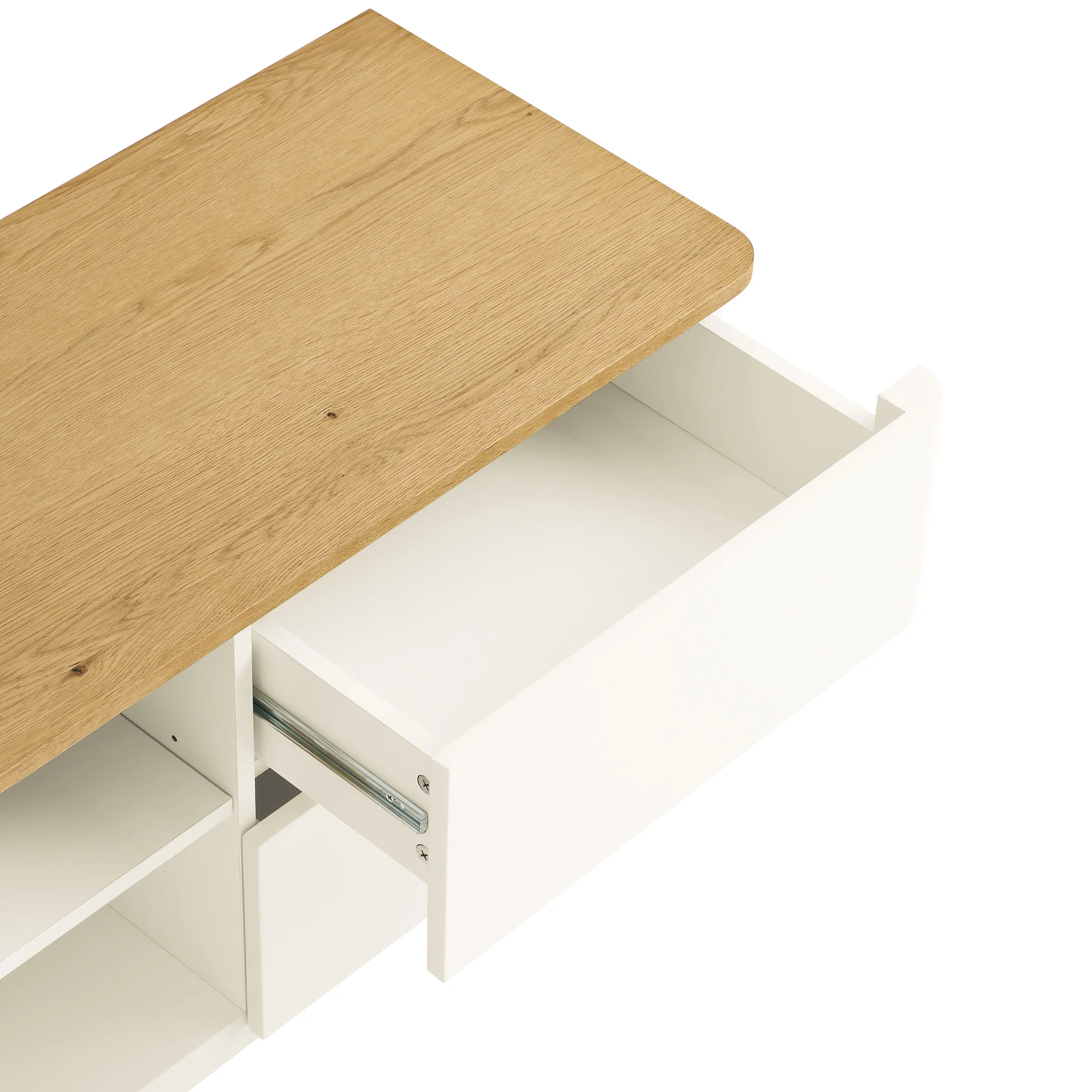 Agnes Curved Edge 150cm Wide TV Unit, Off White with Oak Top - Image 15