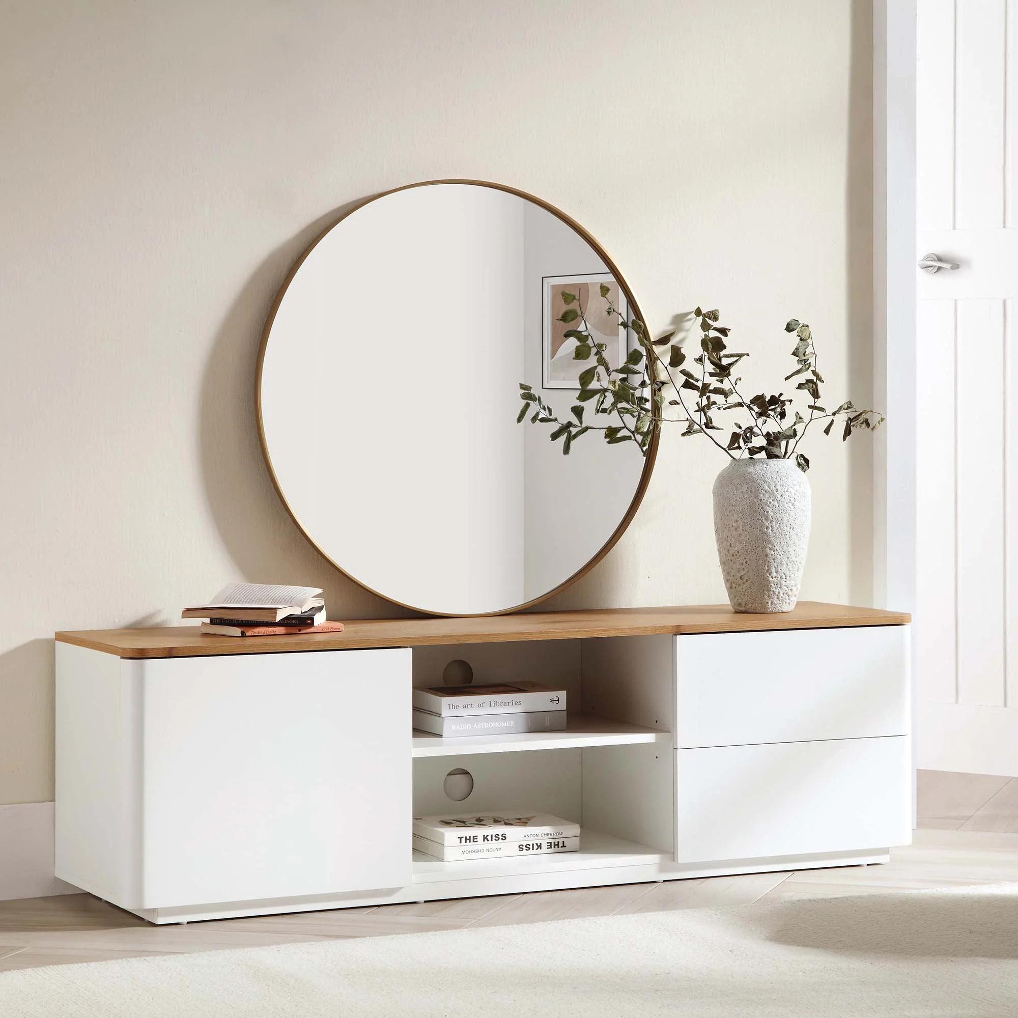 Agnes Curved Edge 150cm Wide TV Unit, Off White with Oak Top - Image 5