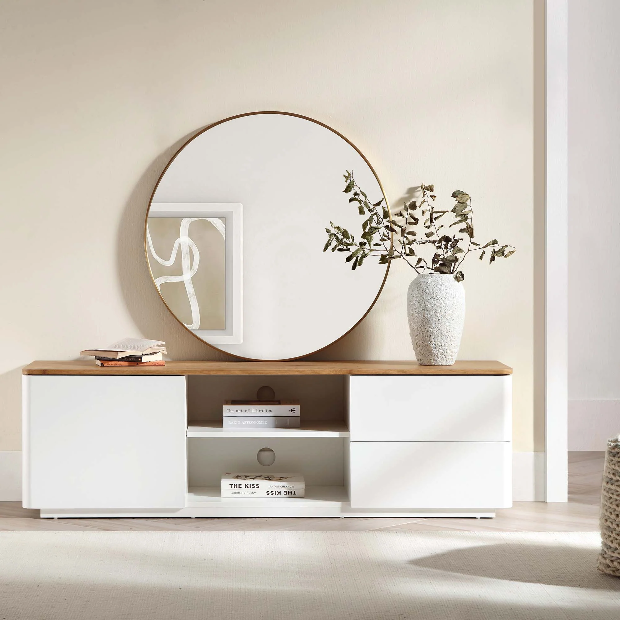 Agnes Curved Edge 150cm Wide TV Unit, Off White with Oak Top - Image 6