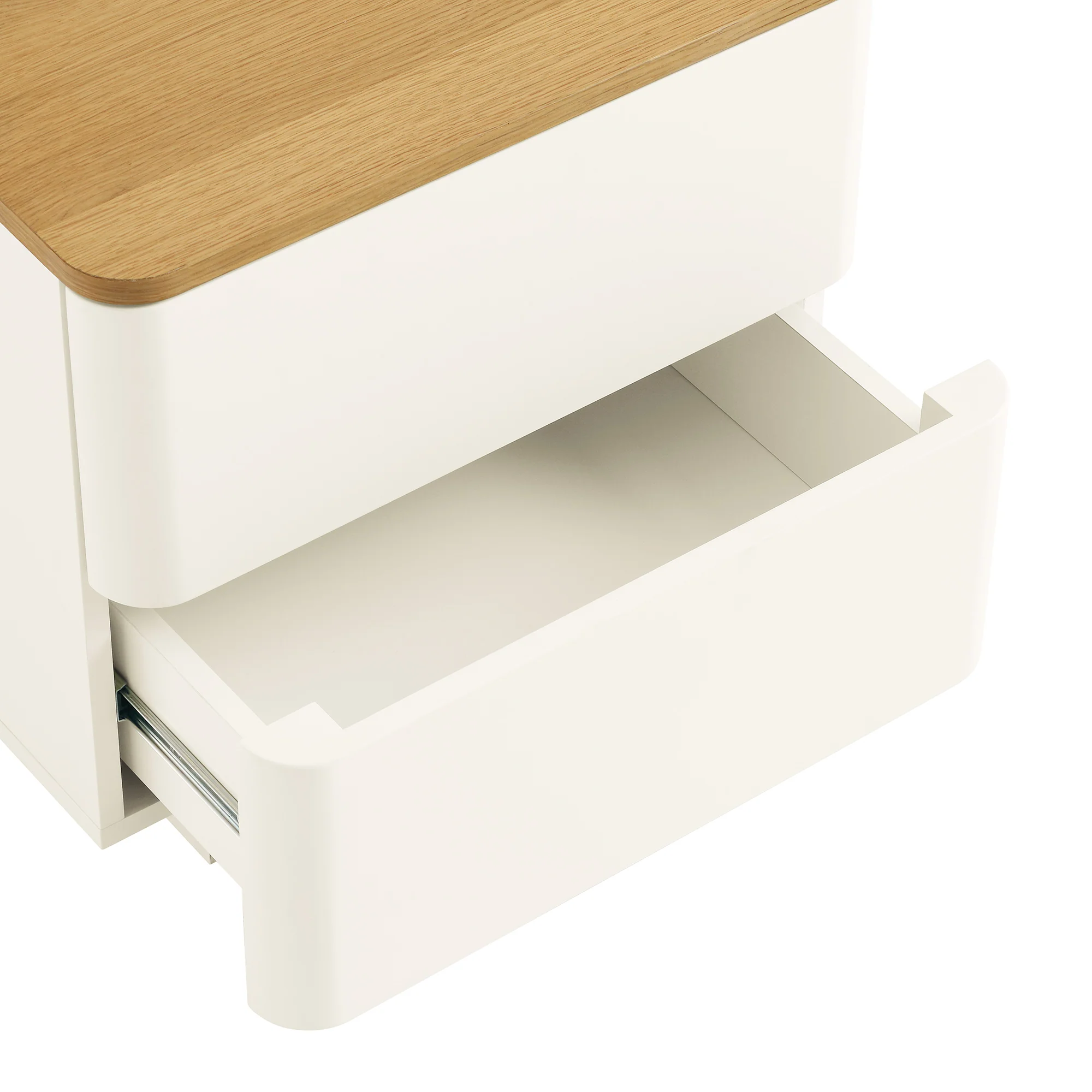 Agnes Curved Edge 2 Drawer Bedside Table, Off White with Oak Top - Image 11