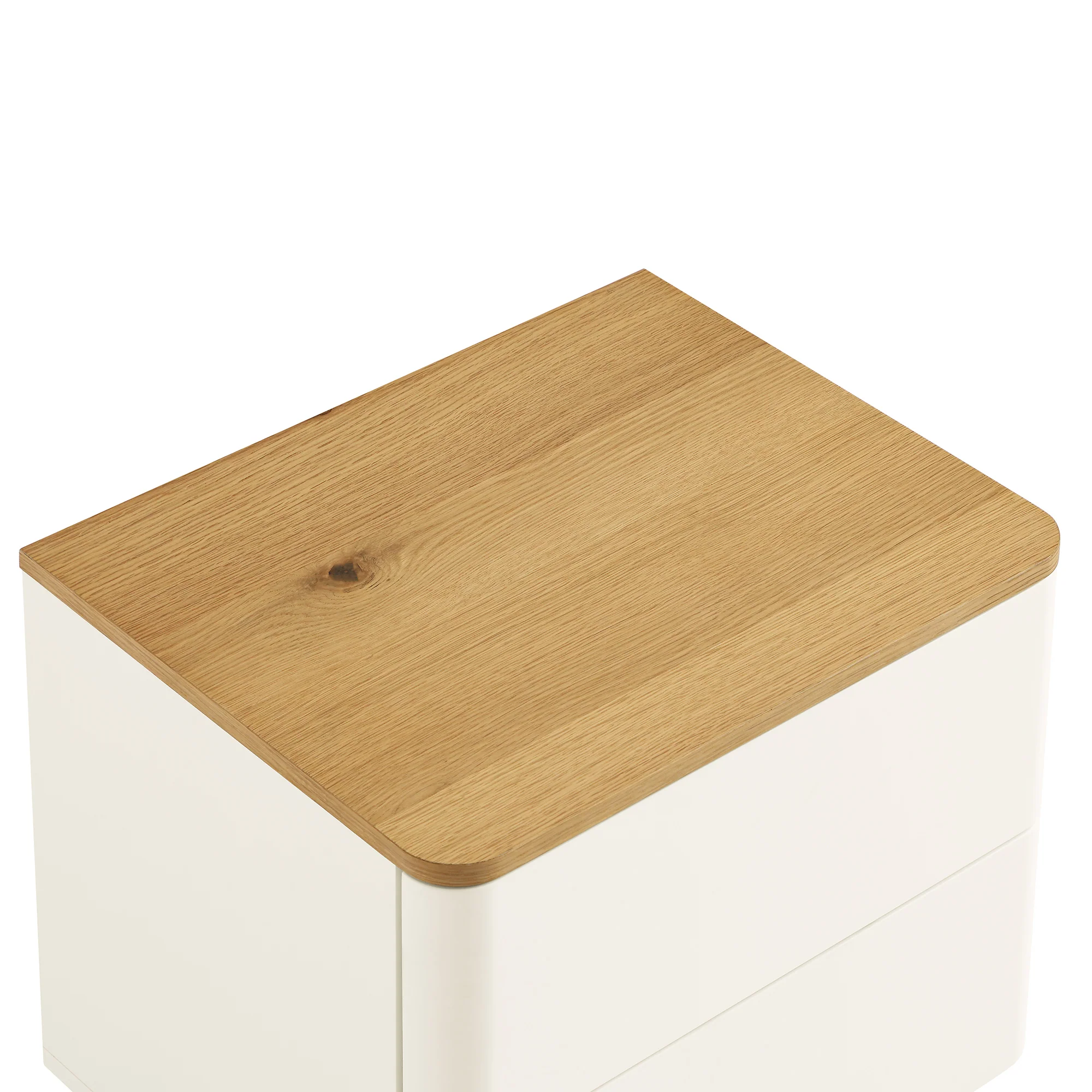 Agnes Curved Edge 2 Drawer Bedside Table, Off White with Oak Top - Image 12