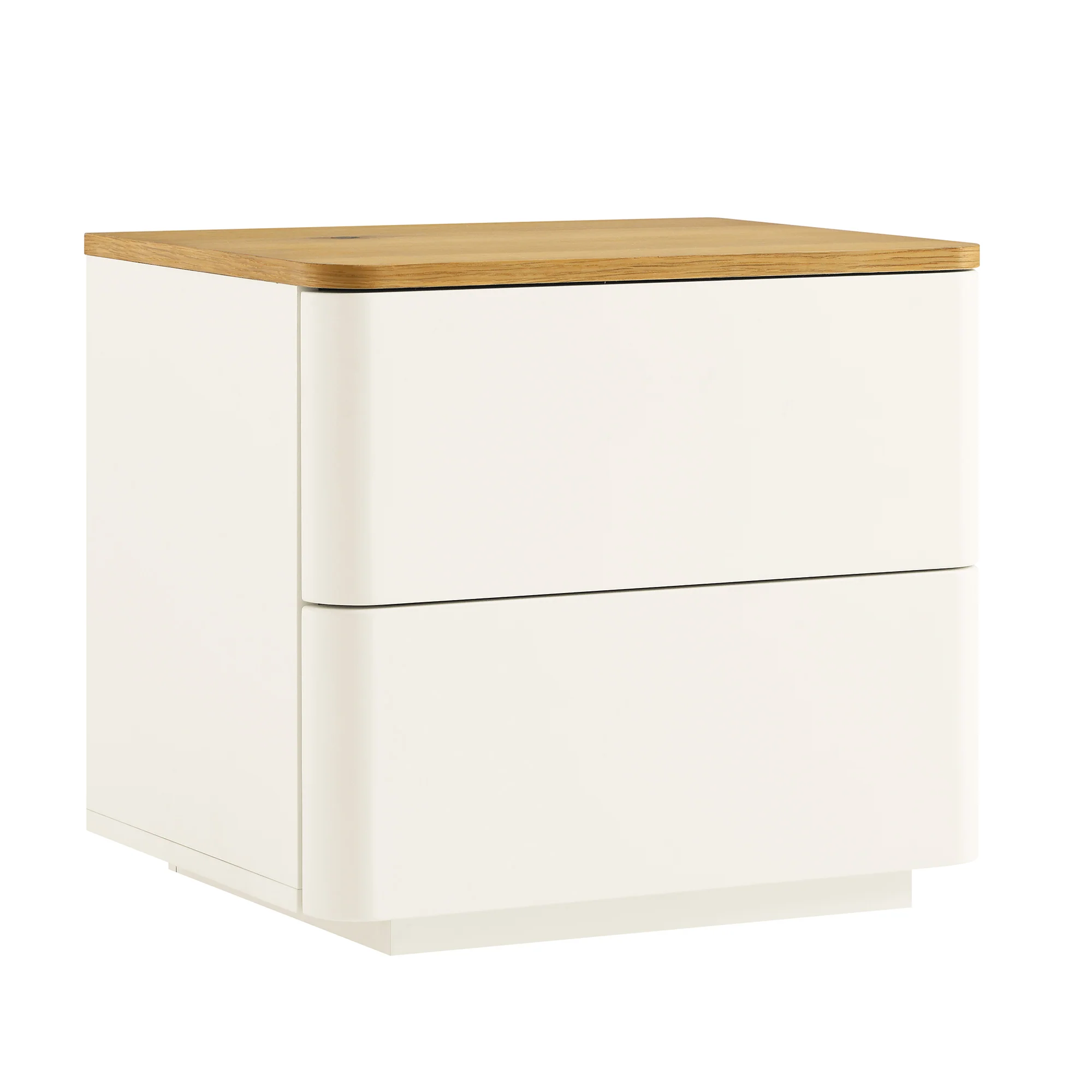 Agnes Curved Edge 2 Drawer Bedside Table, Off White with Oak Top - Image 6