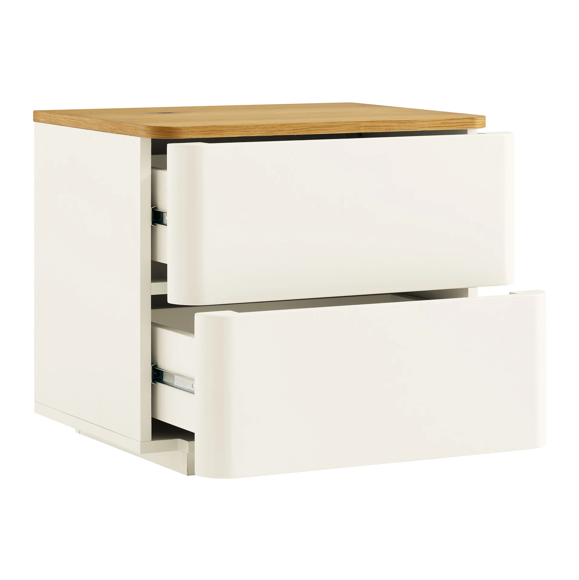 Agnes Curved Edge 2 Drawer Bedside Table, Off White with Oak Top - Image 8