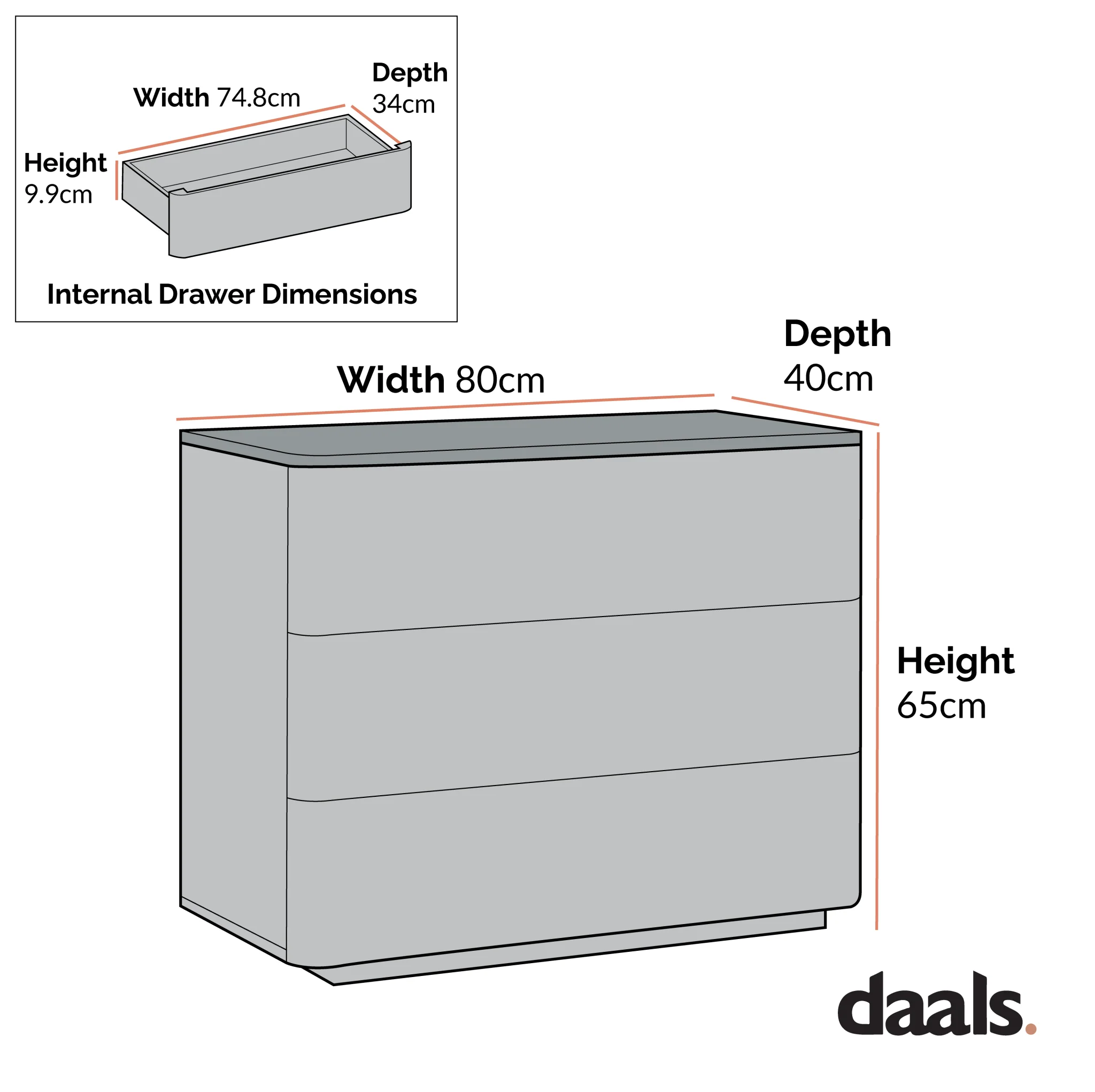 Agnes Curved Edge Chest of 3 Drawers, Dove Grey with Oak Top - Image 6