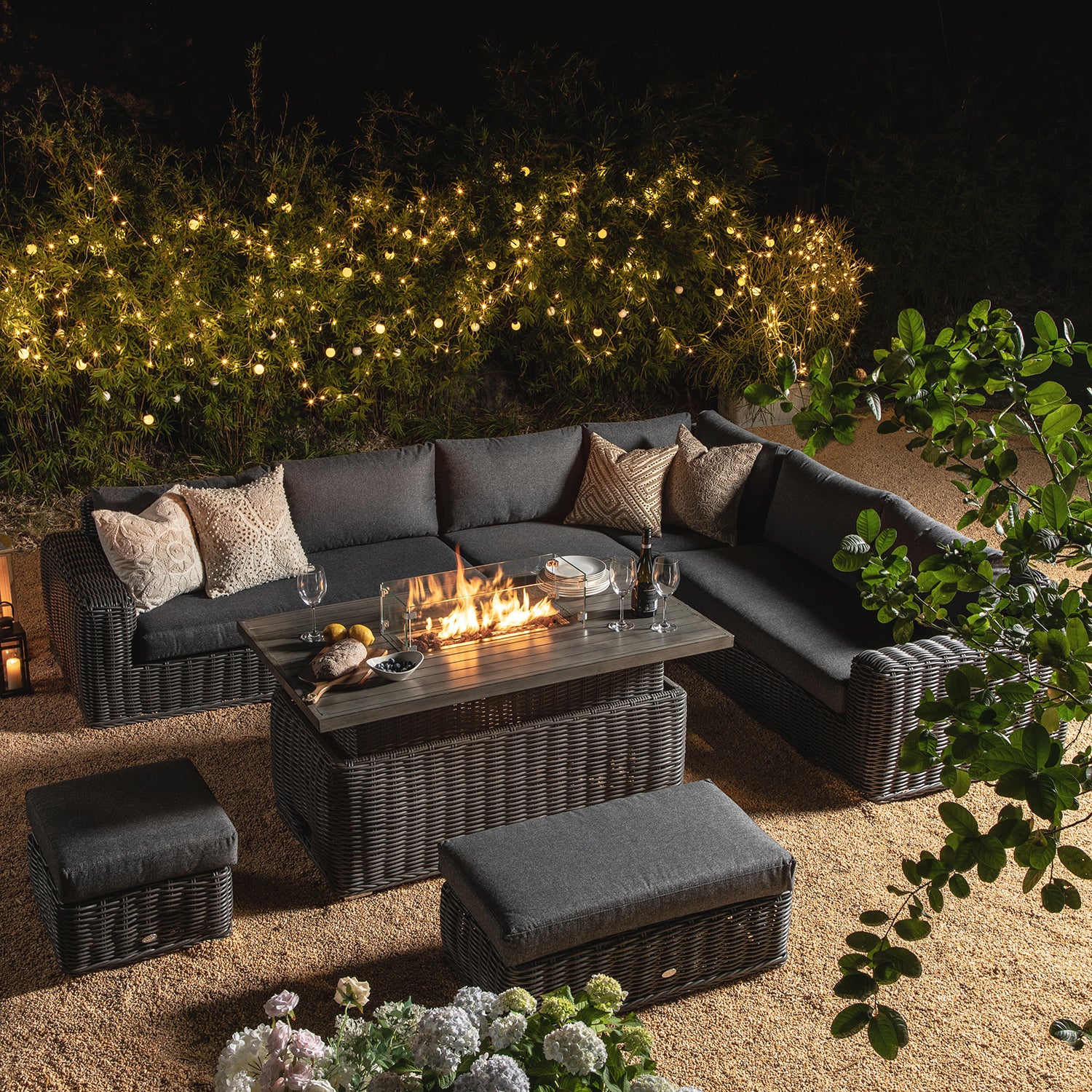 Bellagio Round Wicker Large Corner Casual Dining Set with Rising Firepit Table, Dark Grey