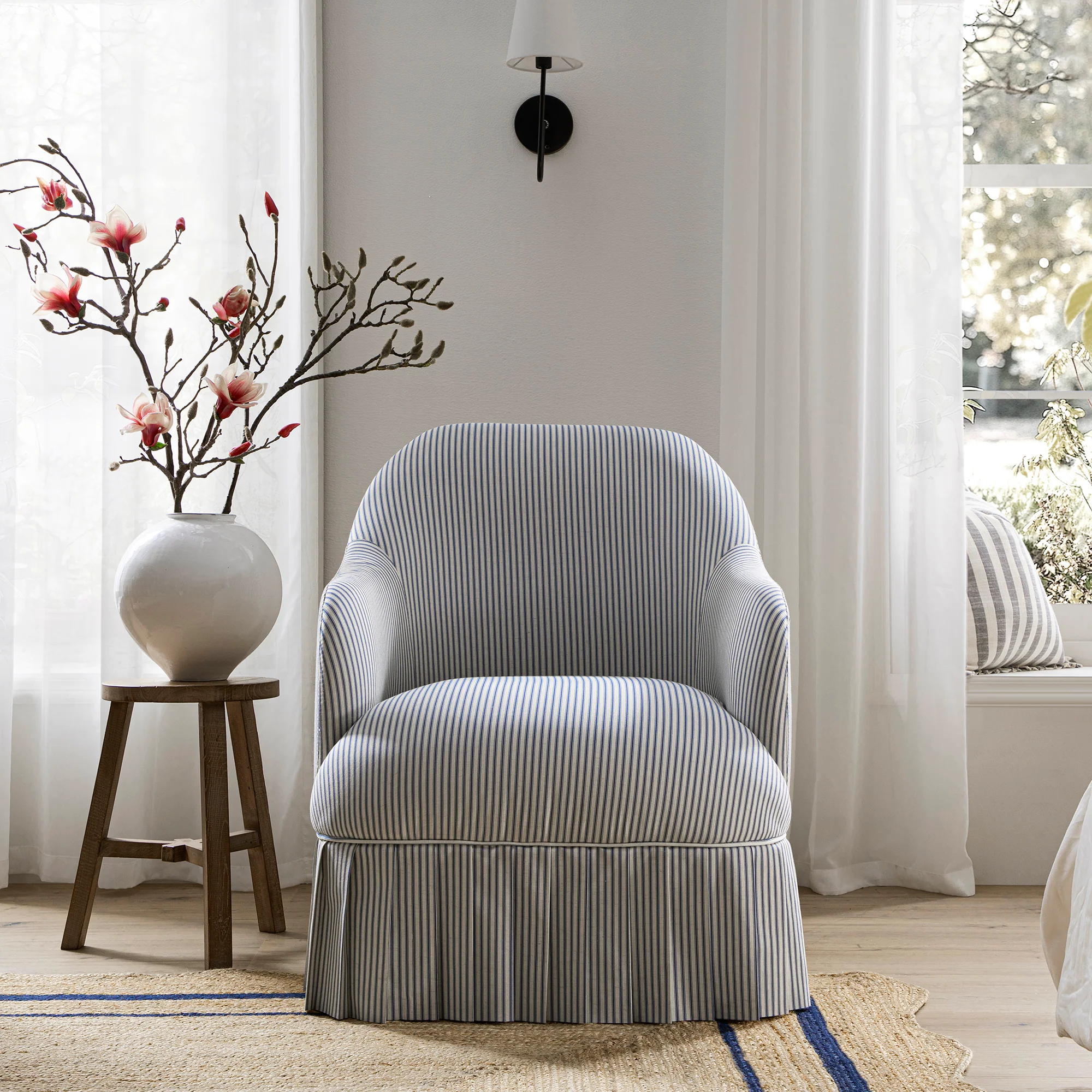 Calliope Skirted Armchair, Blue Striped