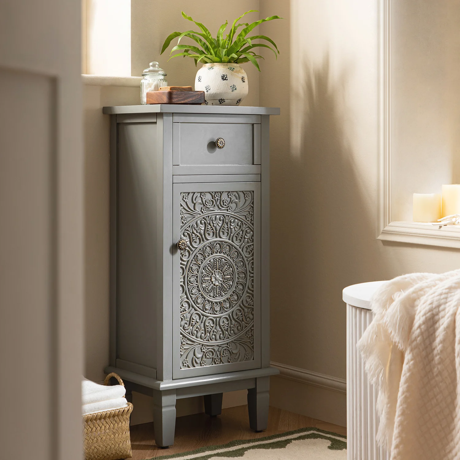 Chantilly Mid Grey Carved Bathroom Cupboard