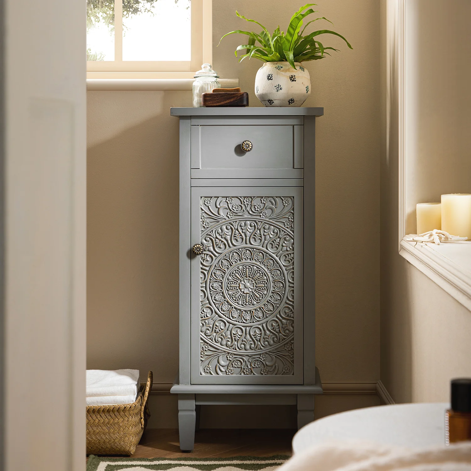 Chantilly Mid Grey Carved Bathroom Cupboard - Image 2