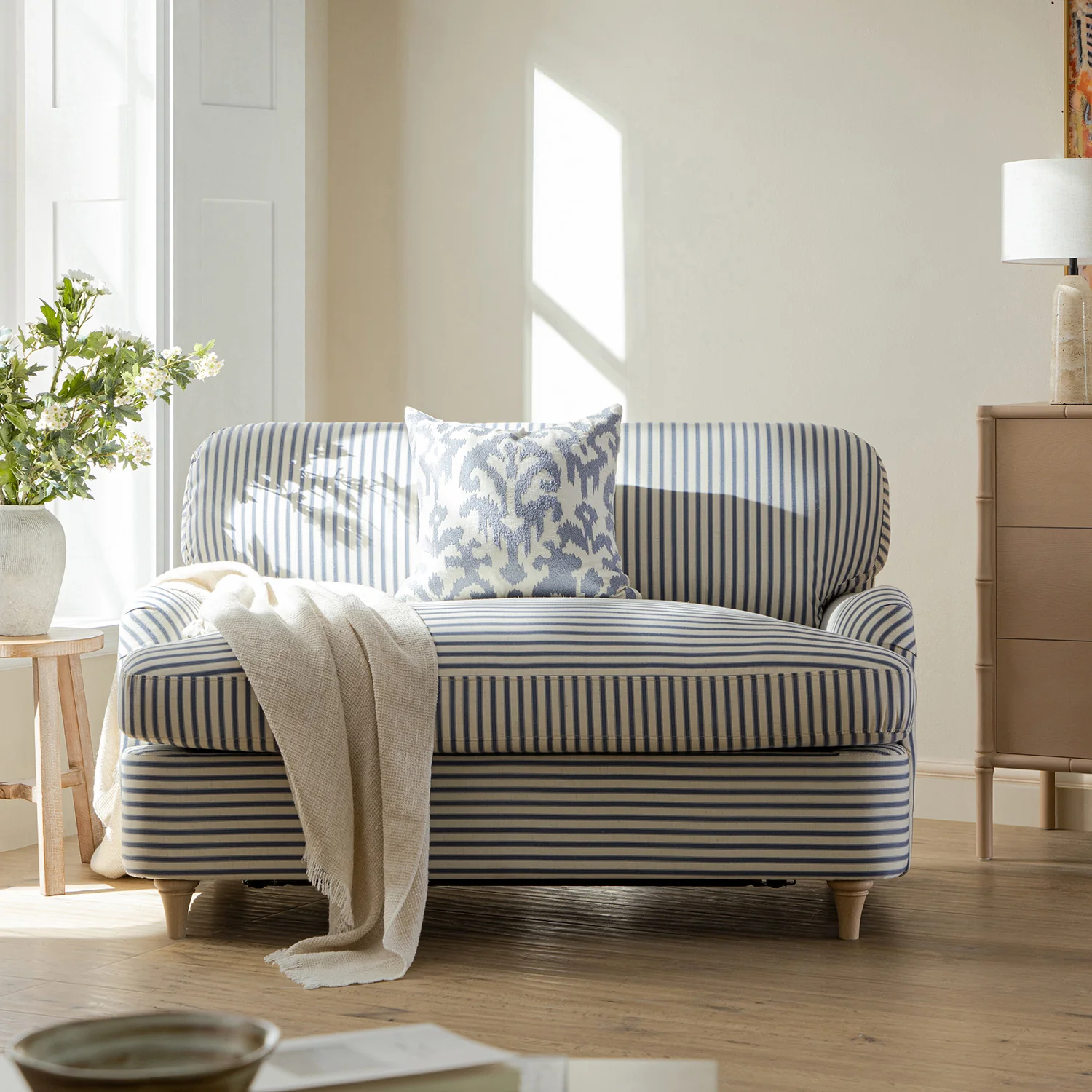 Daphnis Blue Striped Linen Blend Fabric Sofa Bed, Loveseat - Image 5