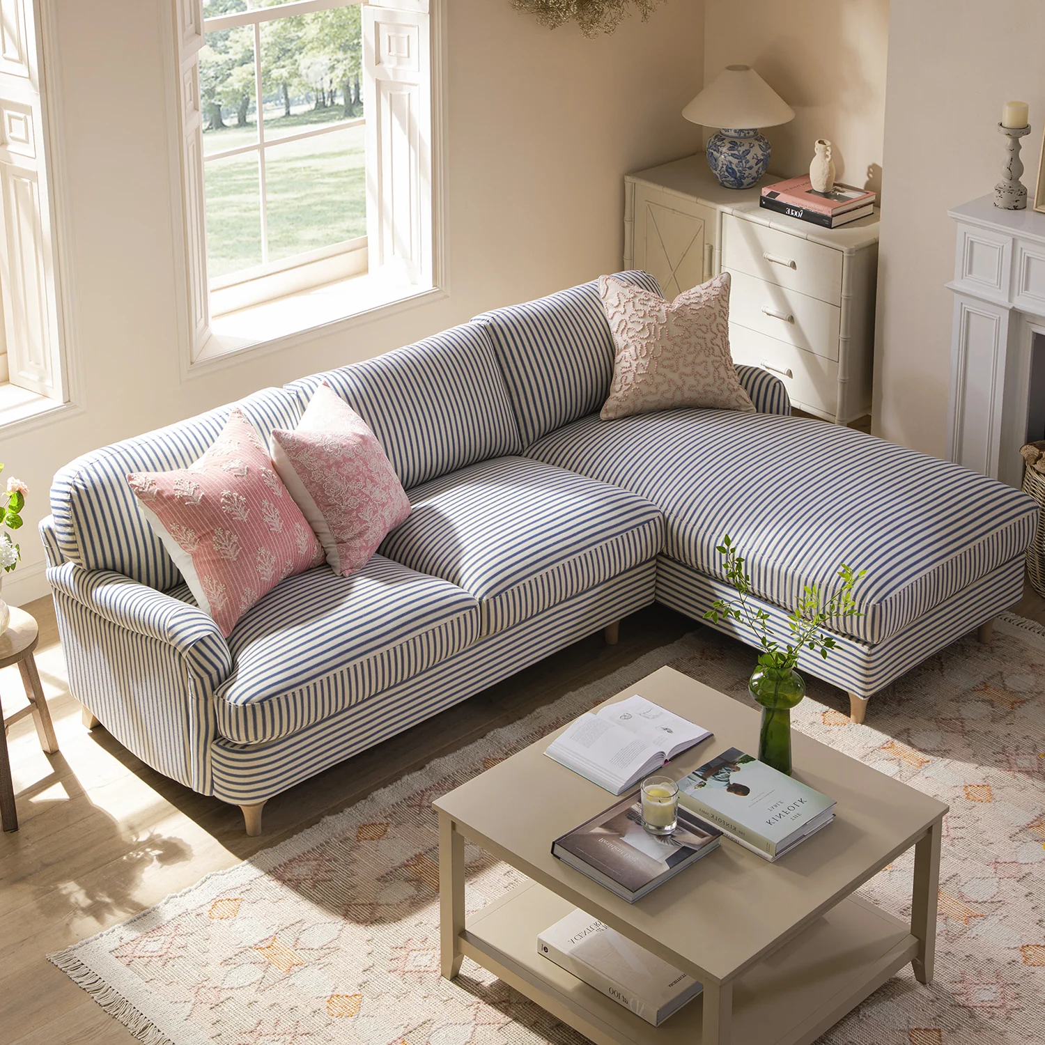 Daphnis Blue Striped Linen Blend Sofa, Grande Chaise Sofa Right Hand Facing