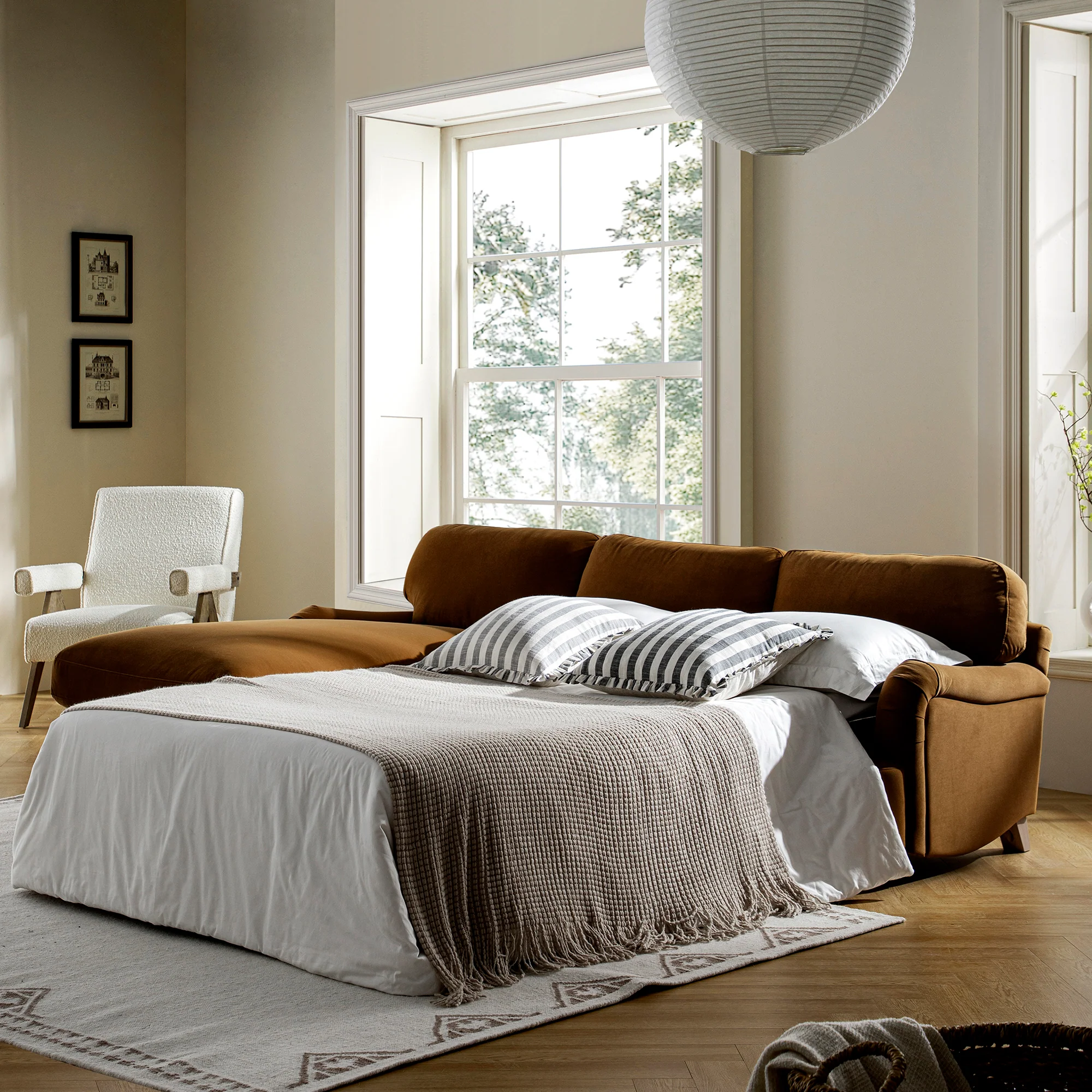 Daphnis Cinnamon Velvet Sofa Bed, Grande Chaise Left Hand Facing