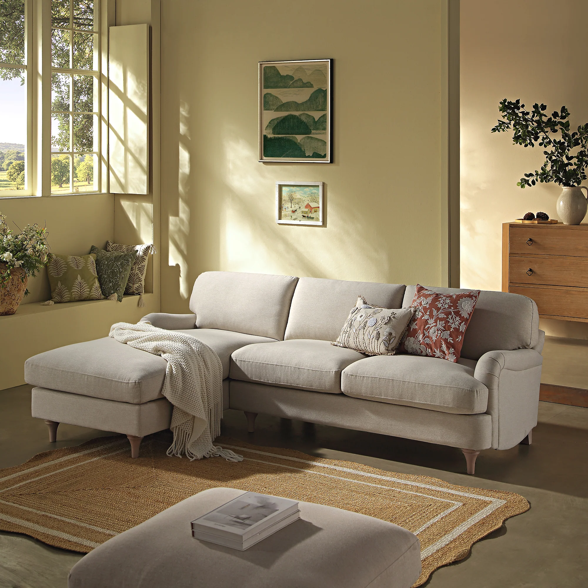 Daphnis Oatmeal Fabric Sofa, Grande Chaise Sofa Left Hand Facing