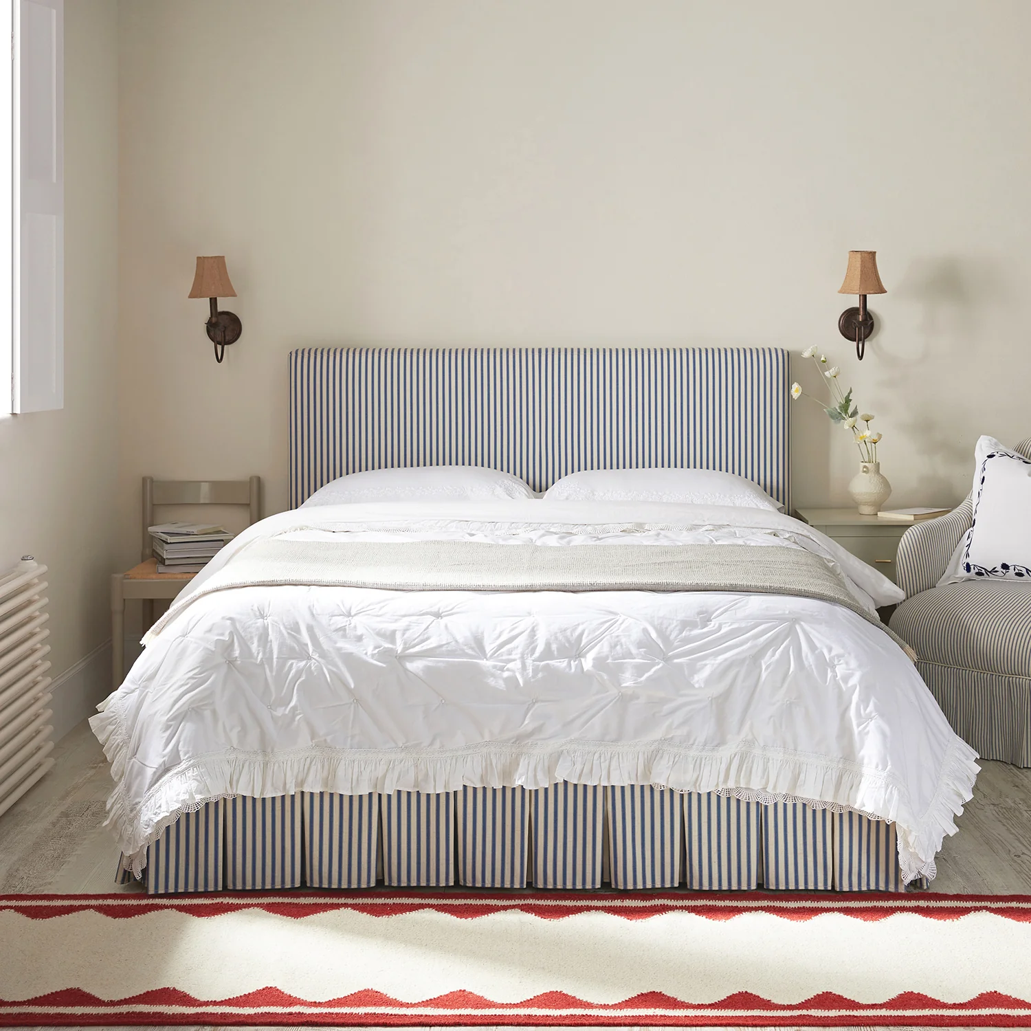 Egerton Box-Pleat Ottoman Storage Bed, Blue Striped Linen