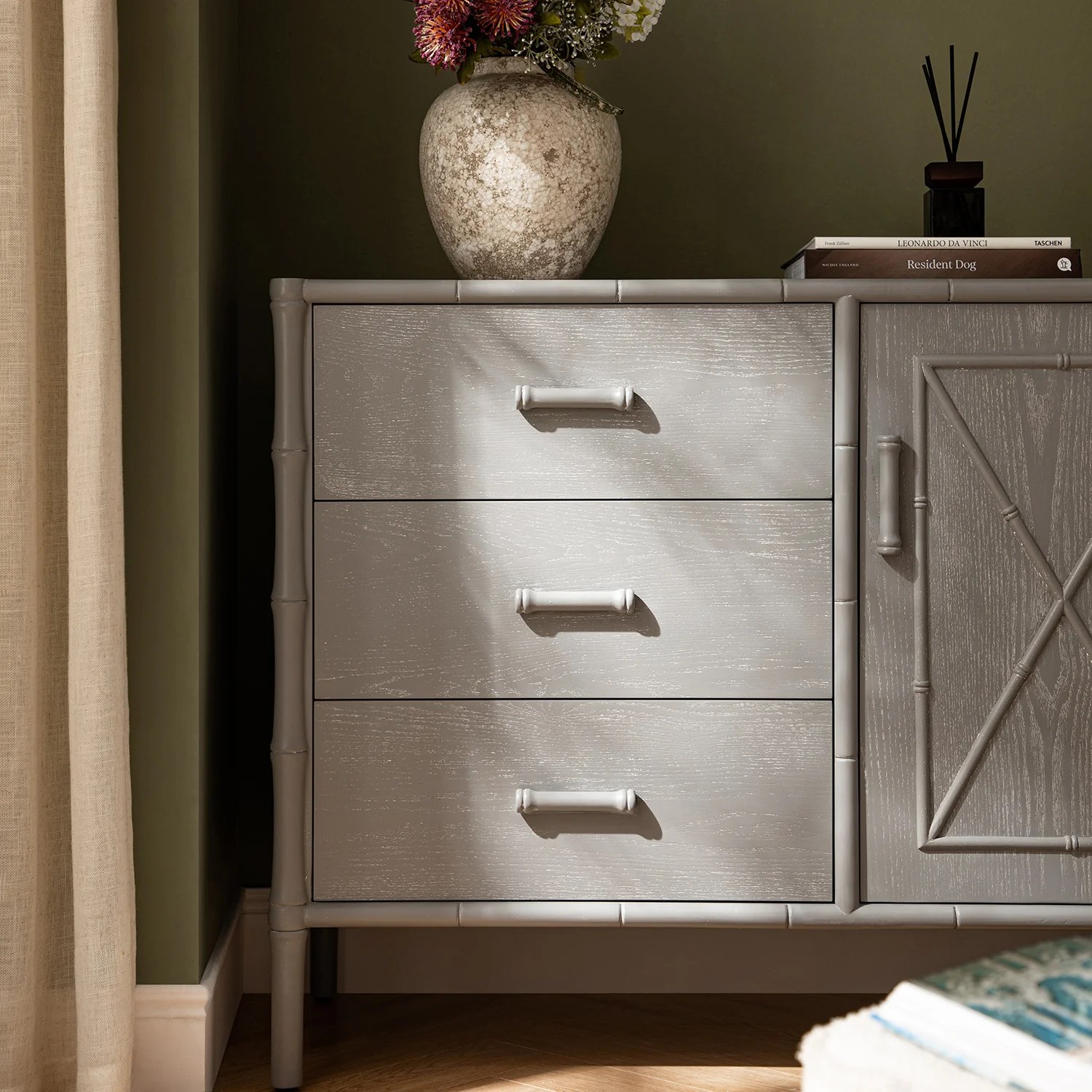 Elstowe Faux Bamboo 1-Door 3-Drawer Sideboard, Warm Grey - Image 5