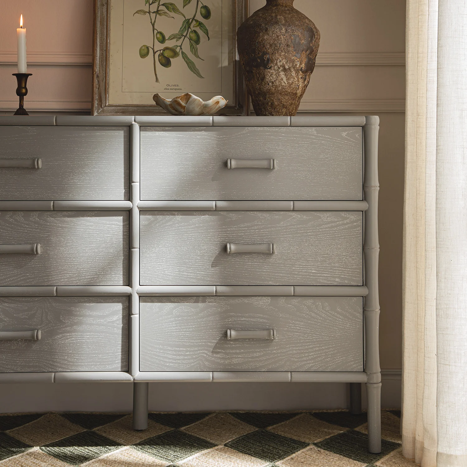 Elstowe Faux Bamboo 6-Drawer Chest, Warm Grey - Image 4