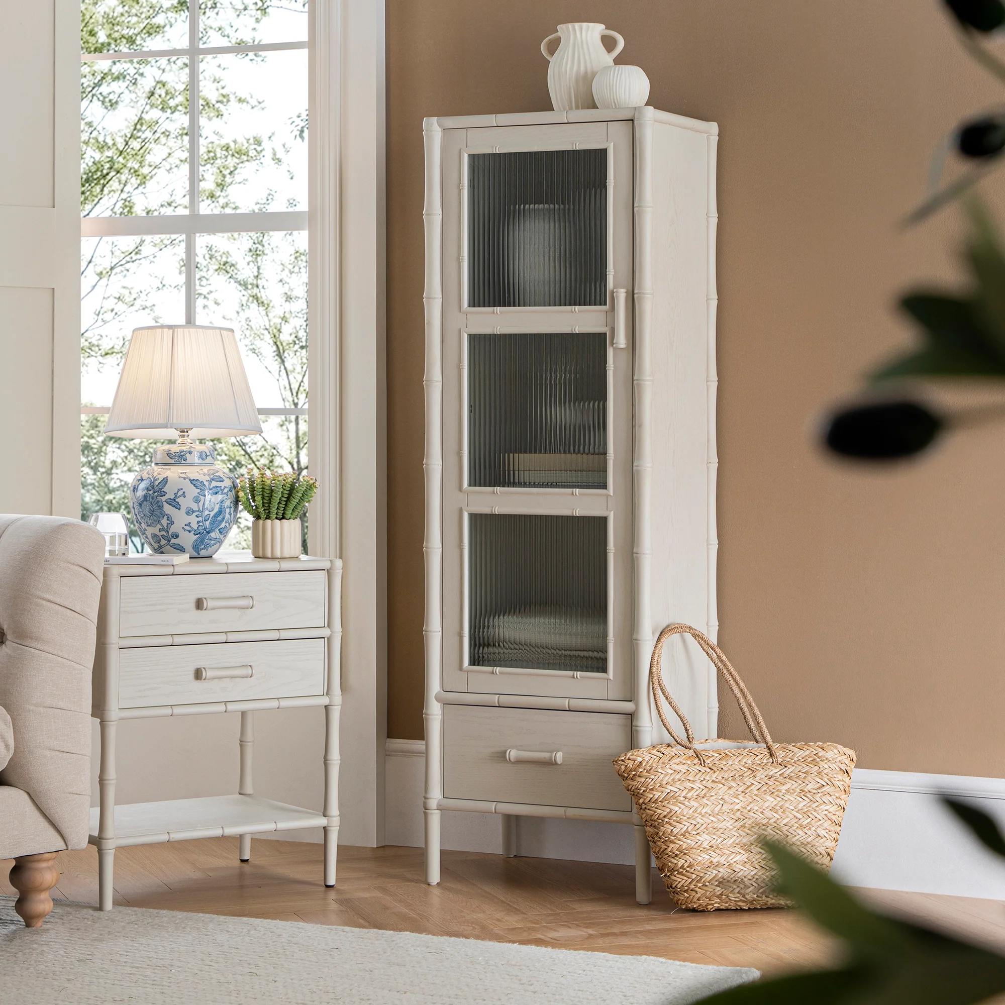 Elstowe Faux Bamboo and Fluted Glass 1-Door Cabinet, Shaded White