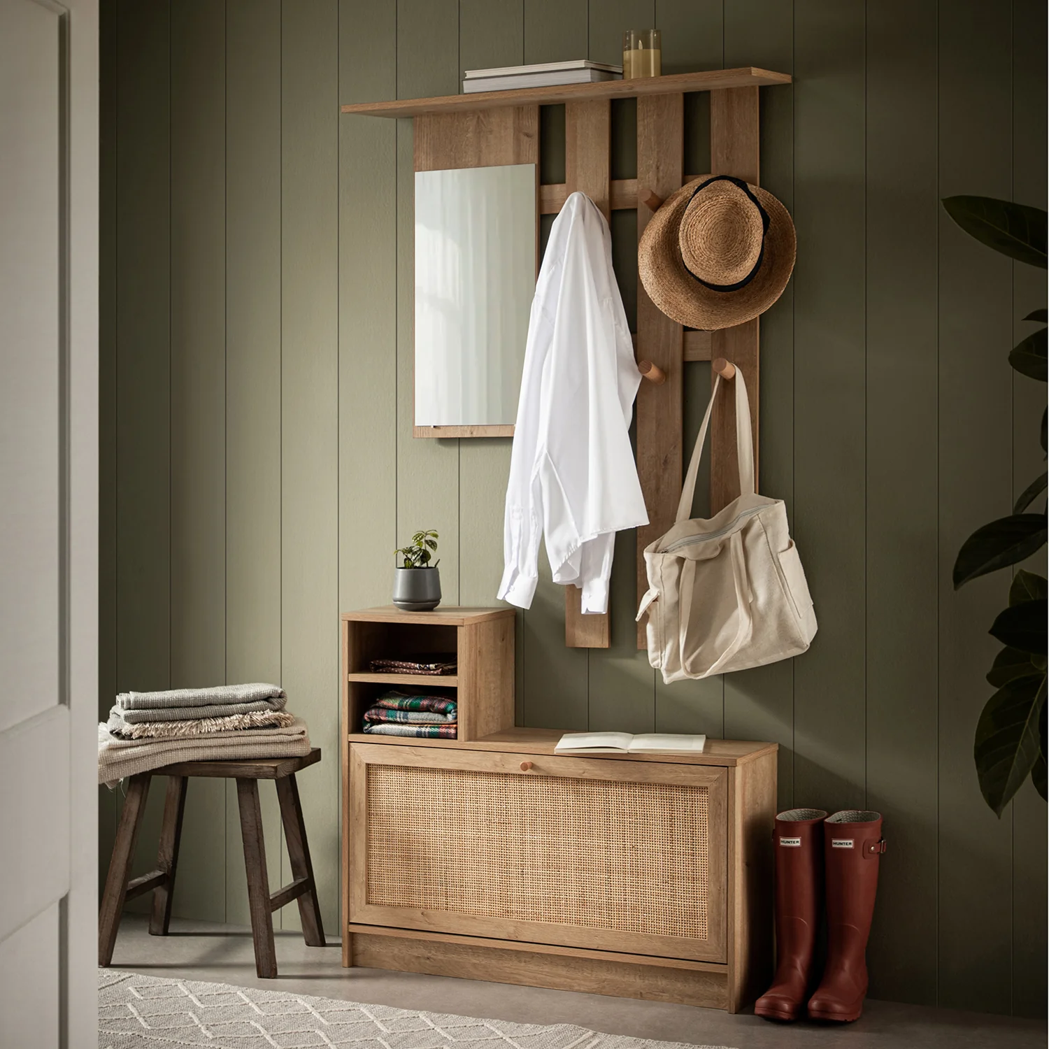 Frances Rattan Hallway Unit with Mirror, Natural