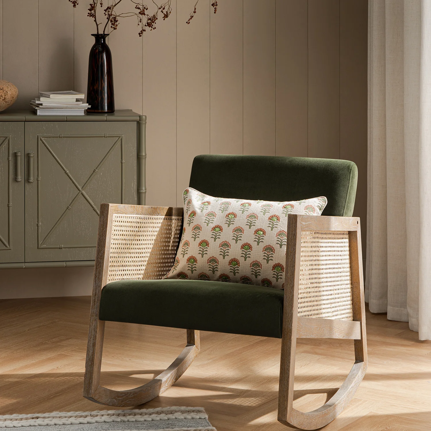 Fyne Moss Green Velvet Rocking Weathered Oak Armchair with Rattan Armrests