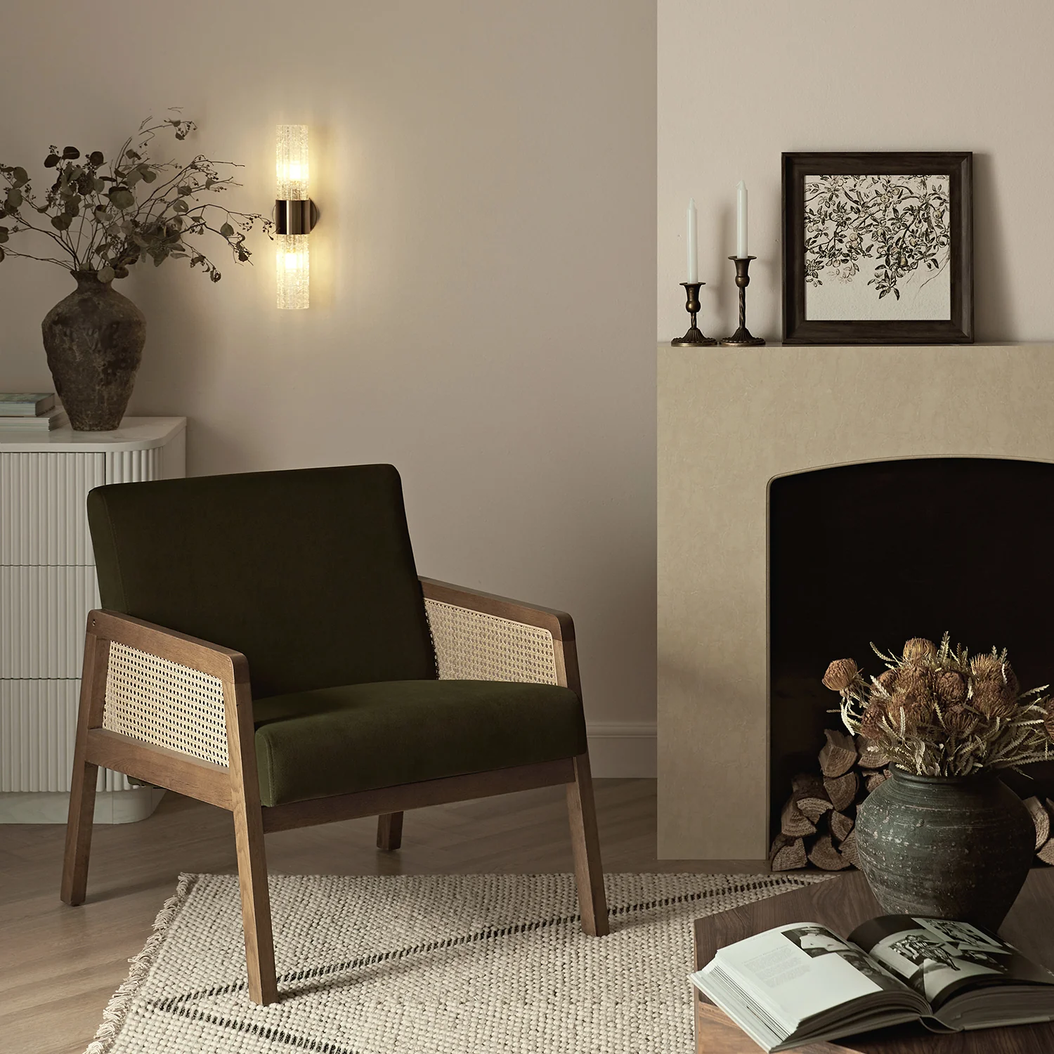 Fyne Moss Green Velvet Light Walnut Frame Rattan Armchair