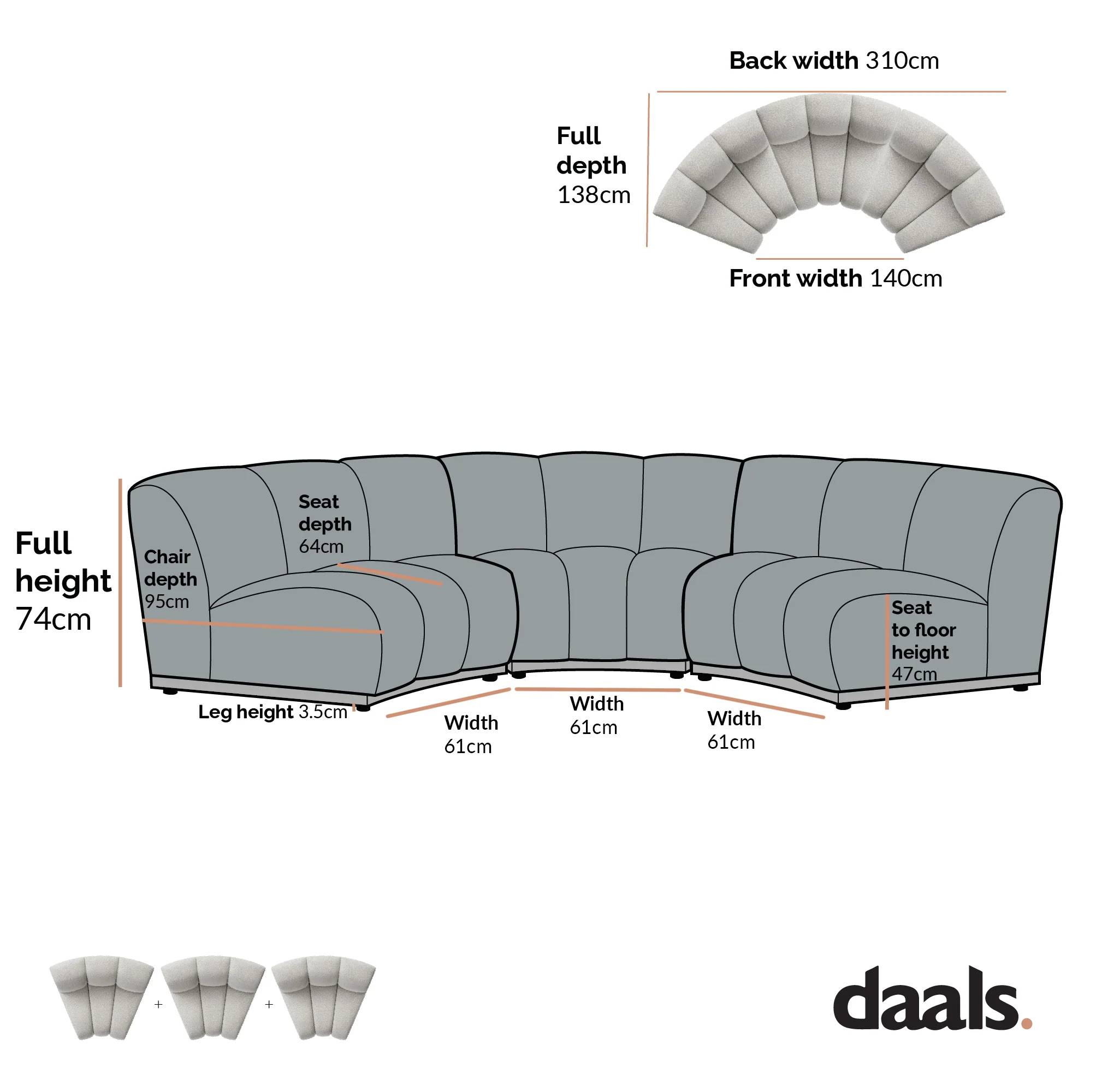 Granvia Musk Blush Boucle Modular Sofa, 3-Seater Curved Sofa - Image 10