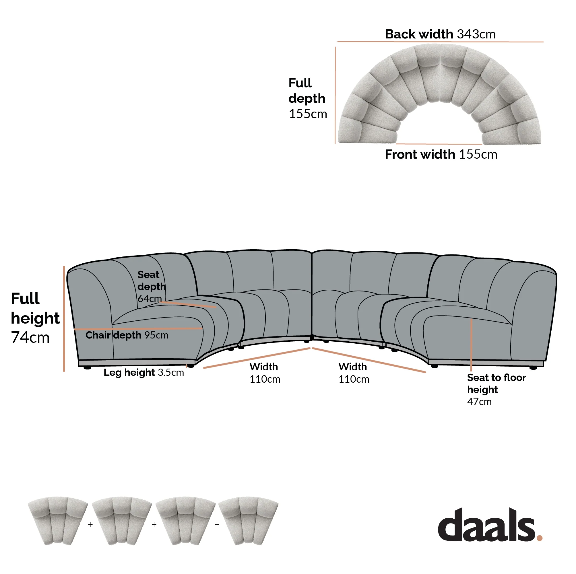 Granvia Musk Blush Boucle Modular Sofa, 4-Seater Half Circle Sofa - Image 3