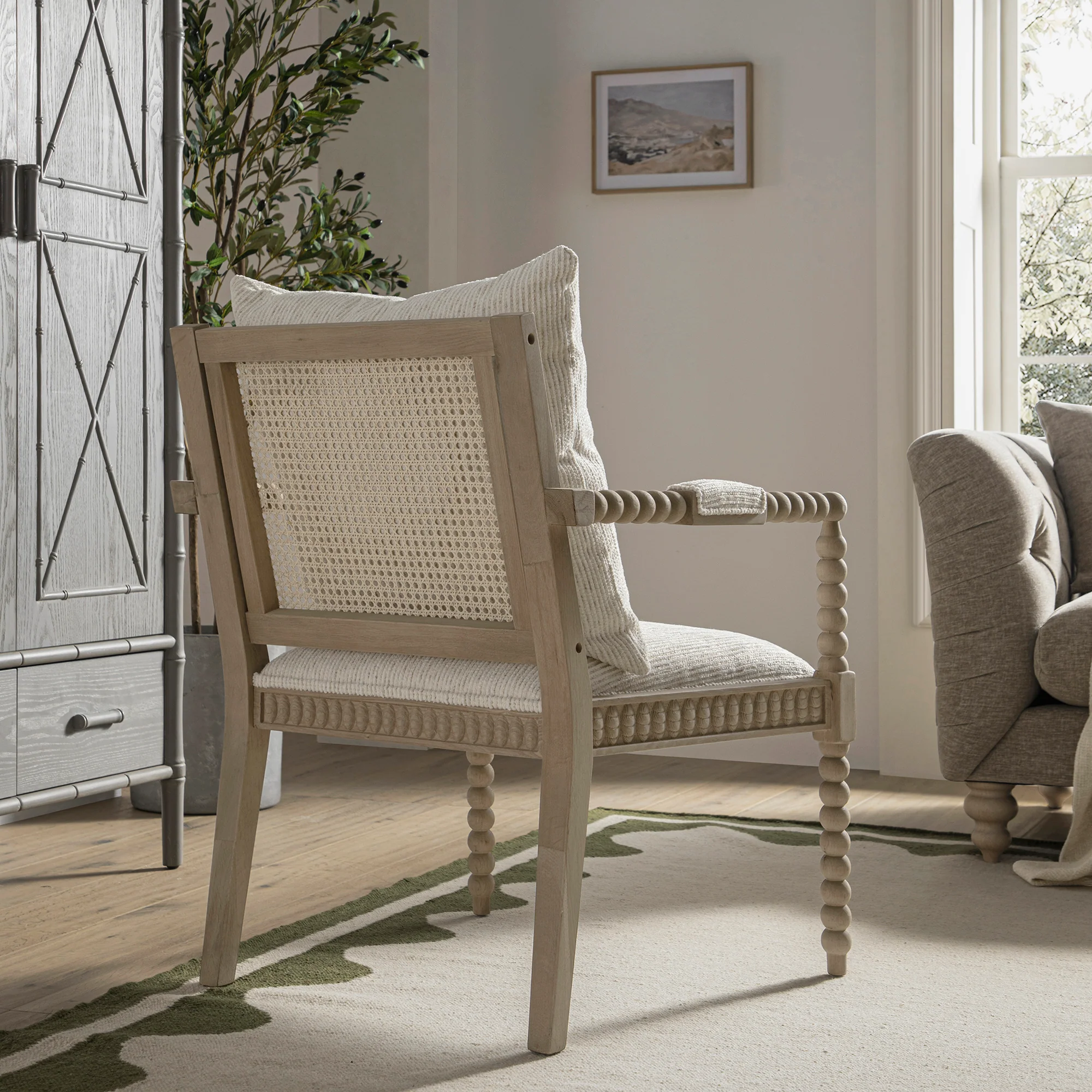 Hemingford Beige Textured Fabric Bobbin Washed Oak Armchair