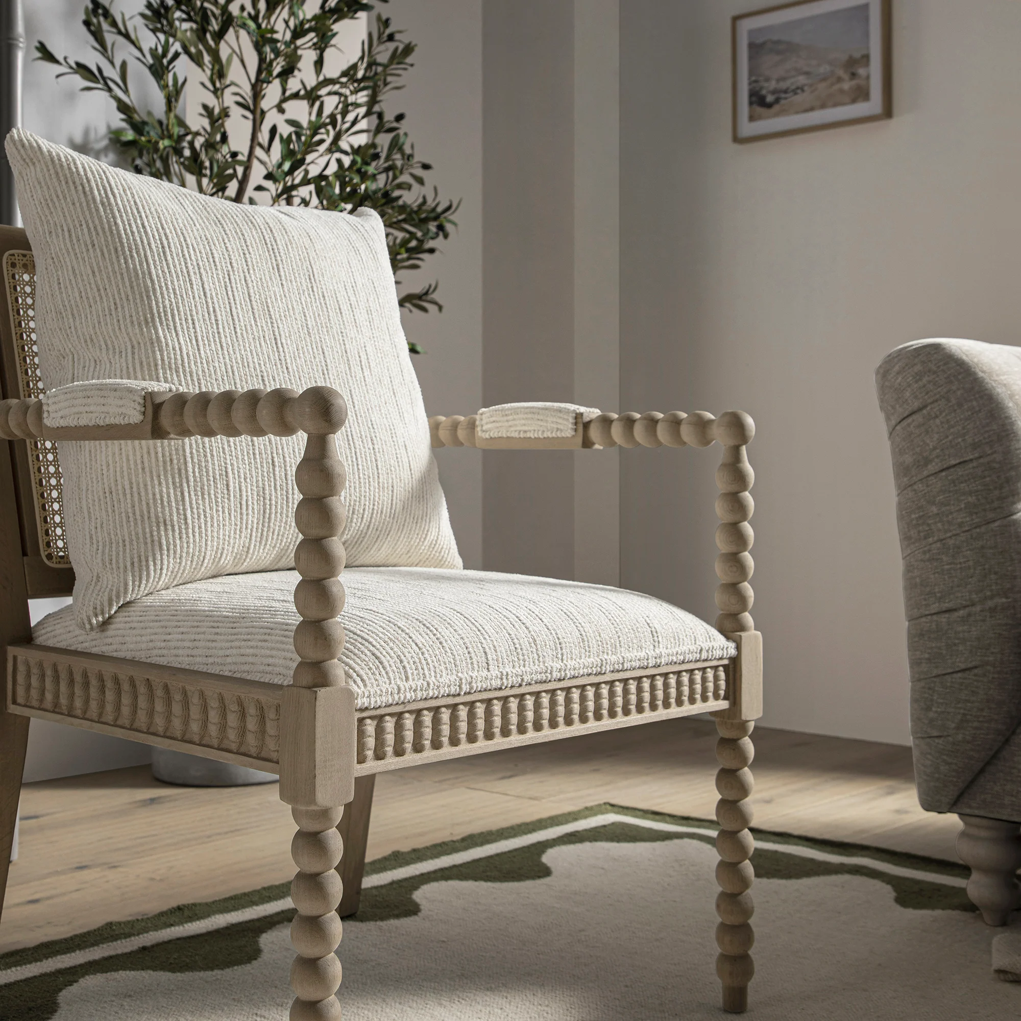 Hemingford Beige Textured Fabric Bobbin Washed Oak Armchair - Image 3