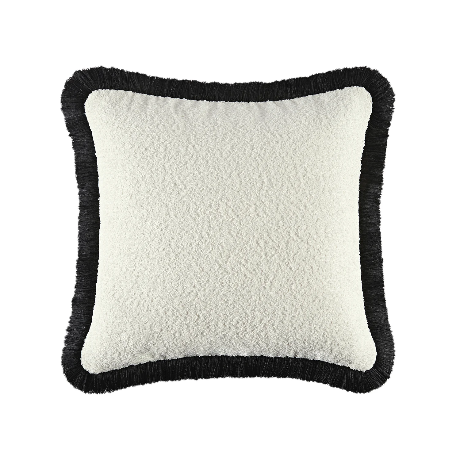 Kyra Cream White Bouclé Black Fringed Cushion