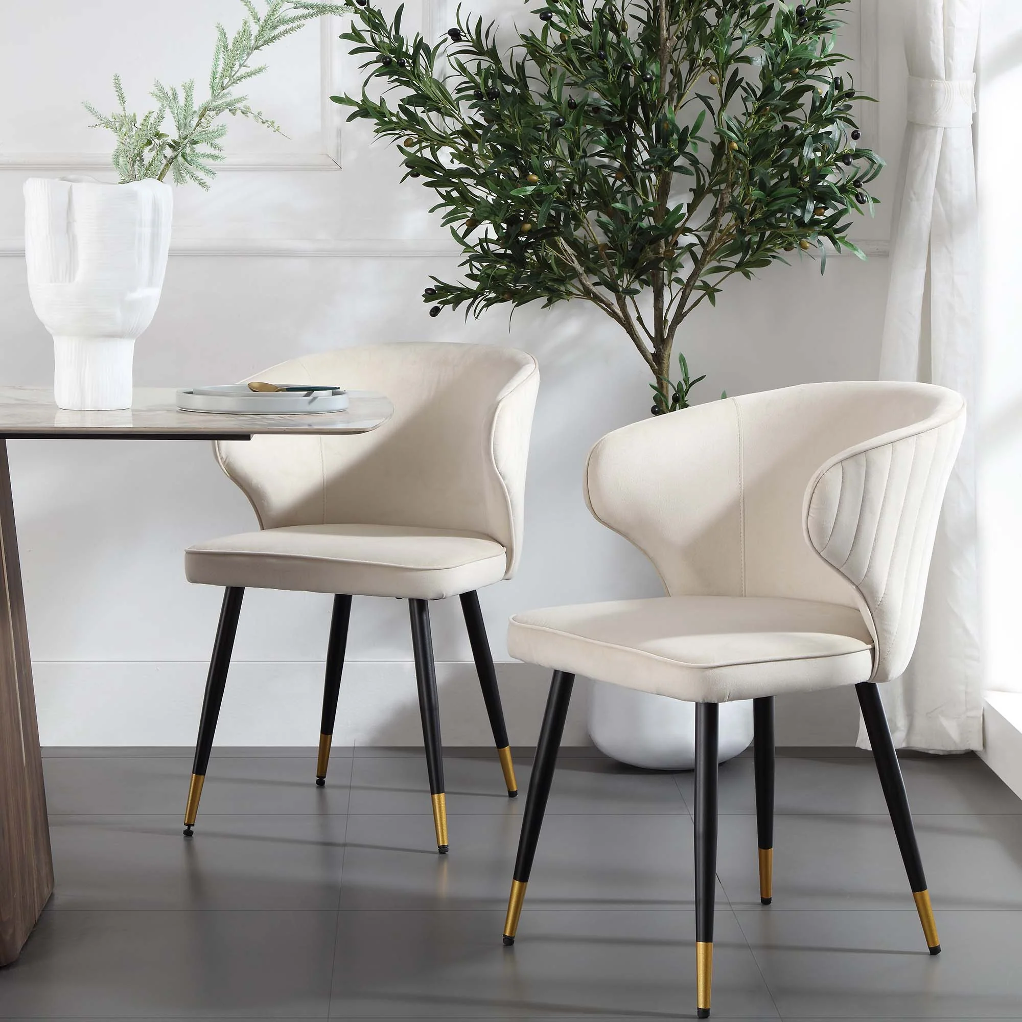 Langham Set of 2 Champagne Velvet Upholstered Carver Dining Chairs