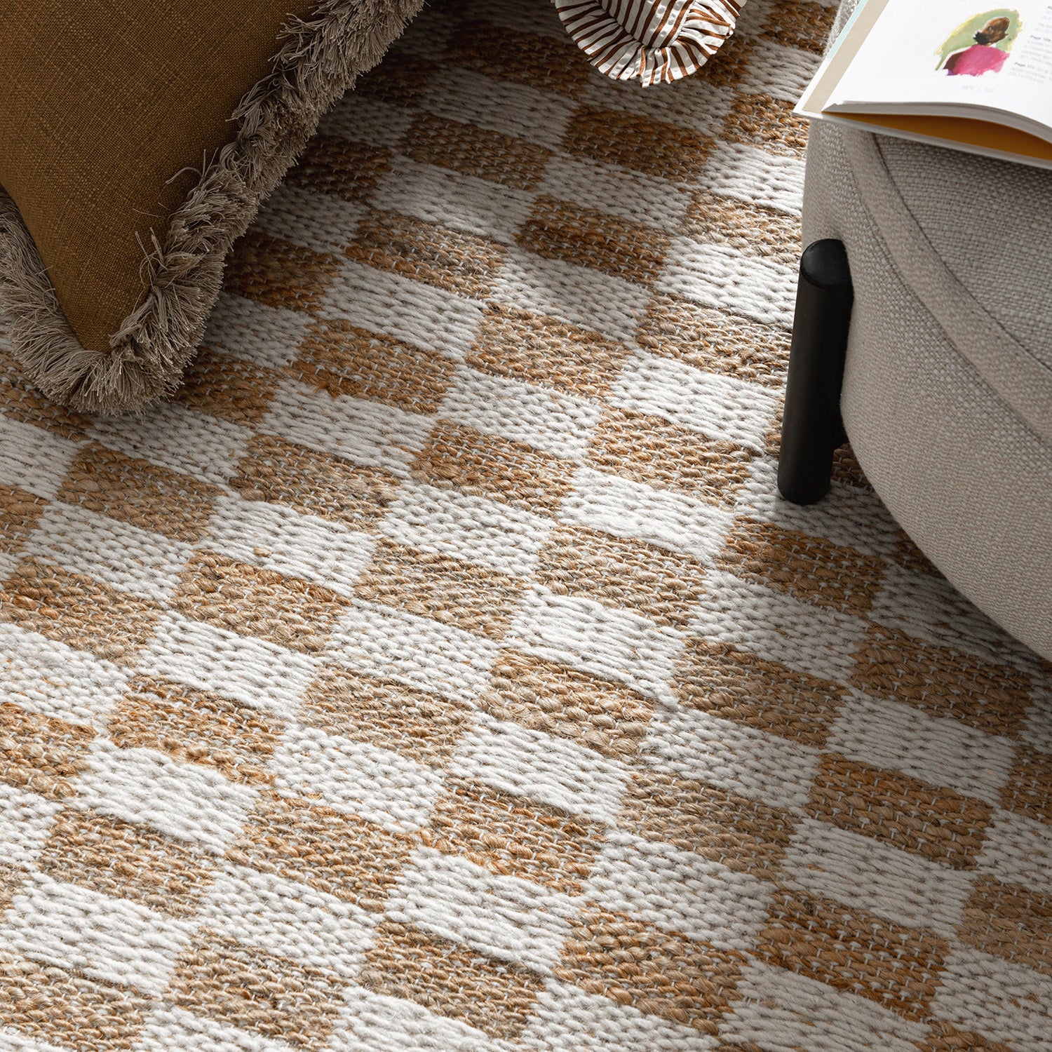 Leonie Check Natural & Ivory White Handwoven Wool & Jute Rug - Image 7
