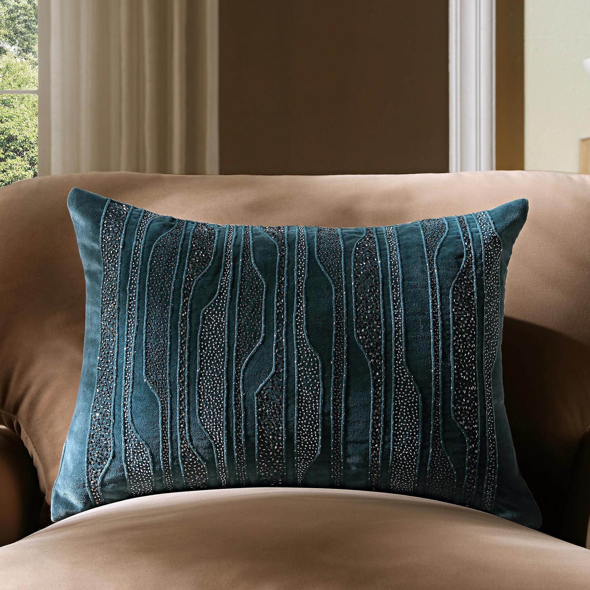 Luxe Collection Zita Beaded Teal Cotton Velvet Cushion