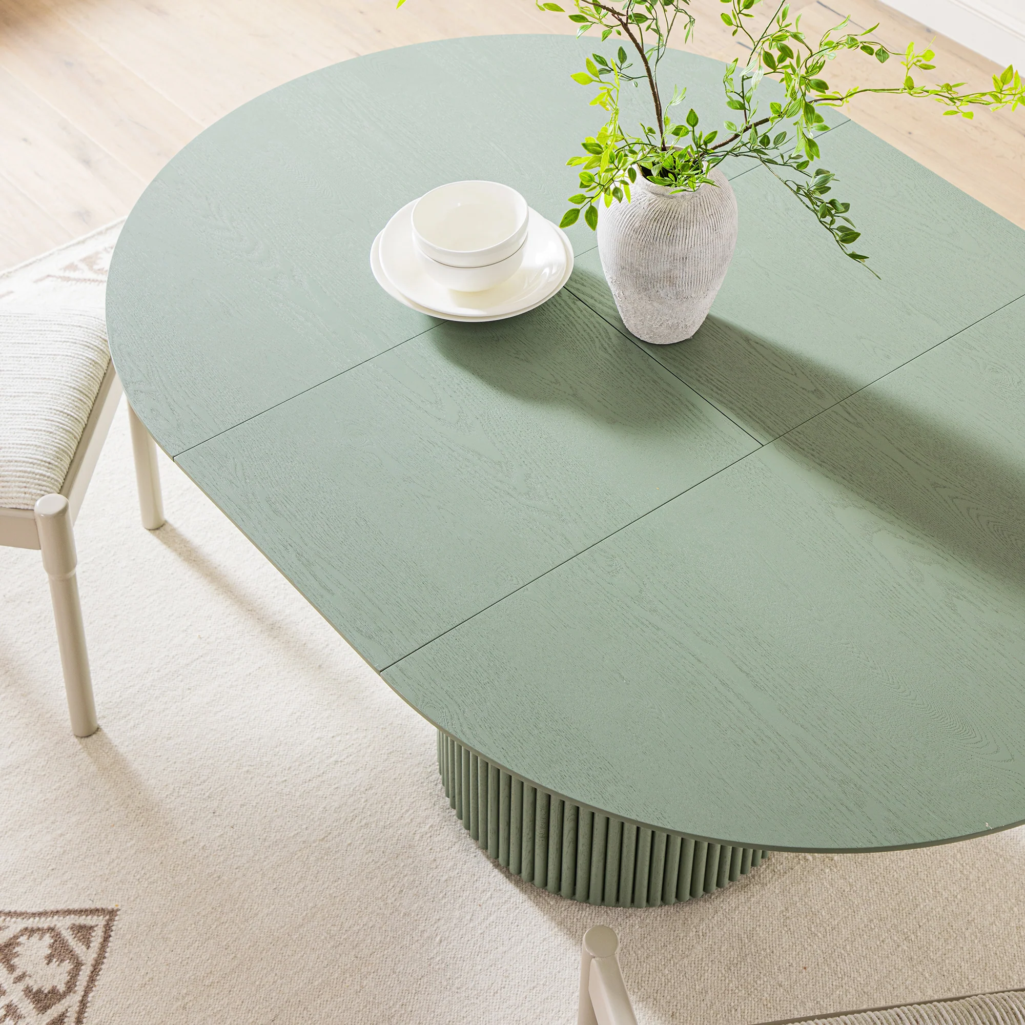Maru Round 4-6 Seater Extending Oak Pedestal Dining Table, Sage Green - Image 6