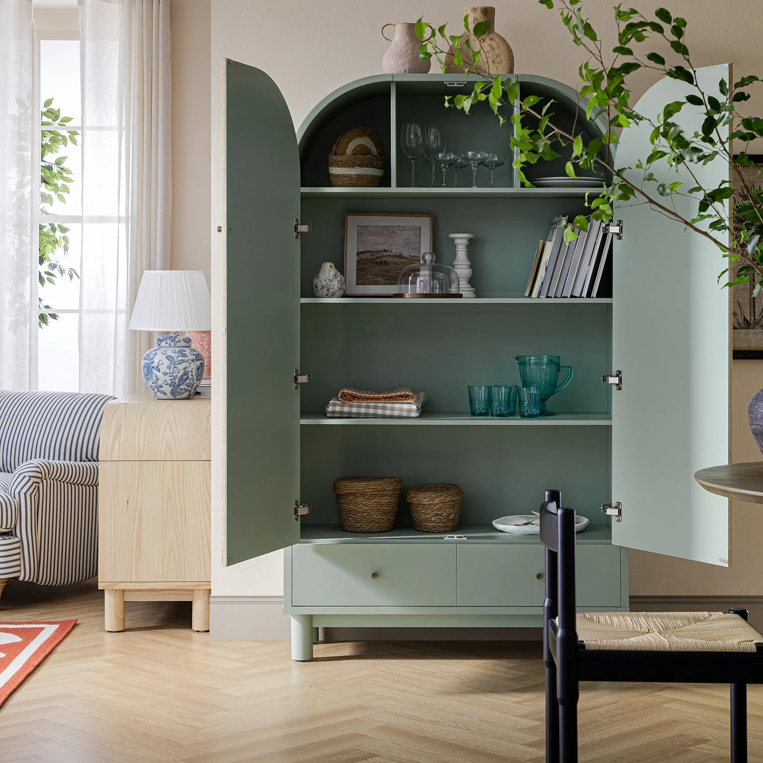 Maude Large Storage Cabinet, Muted Pistachio Ash with Raffia - Image 3