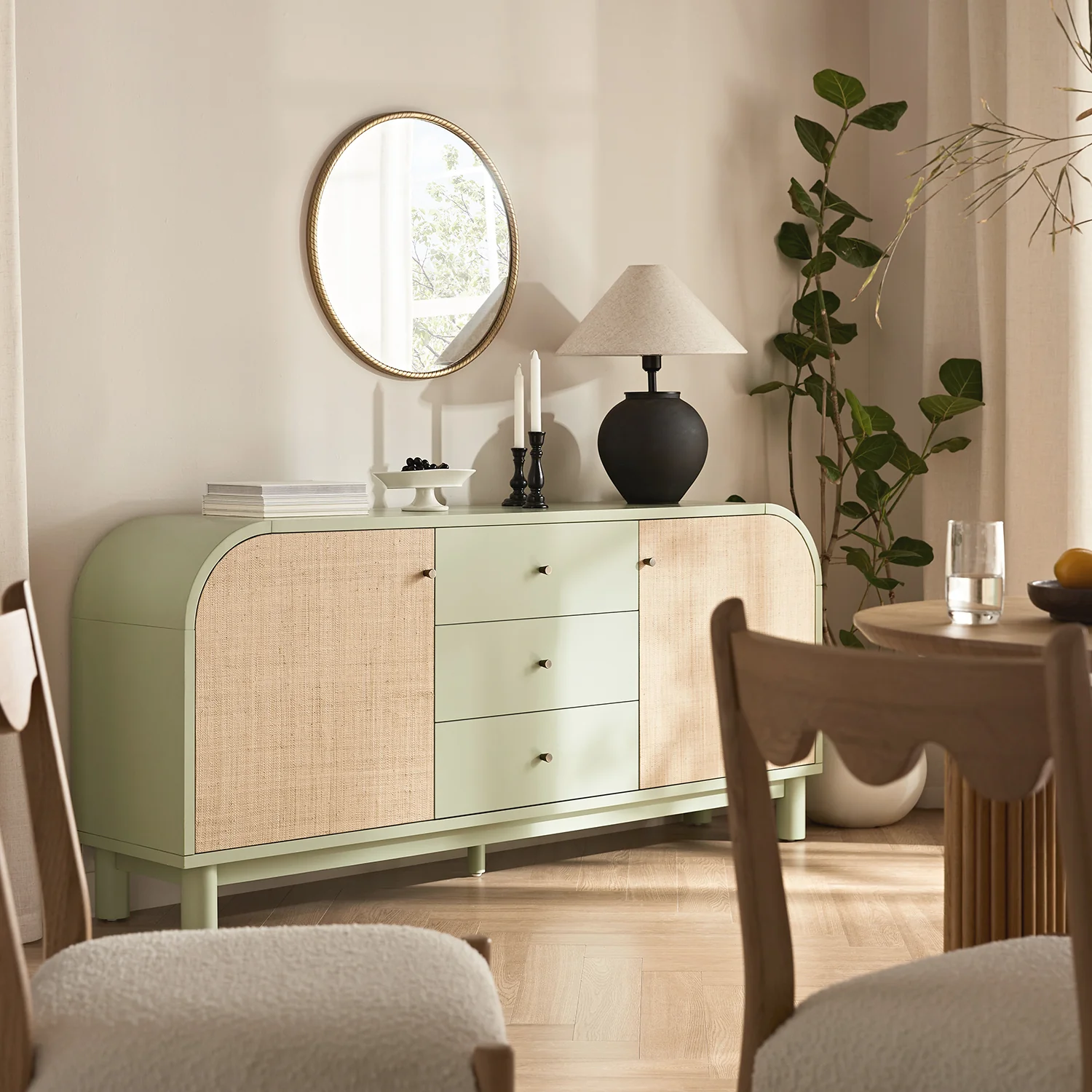 Maude Wide 3-Drawer Sideboard, Muted Pistachio Ash with Raffia