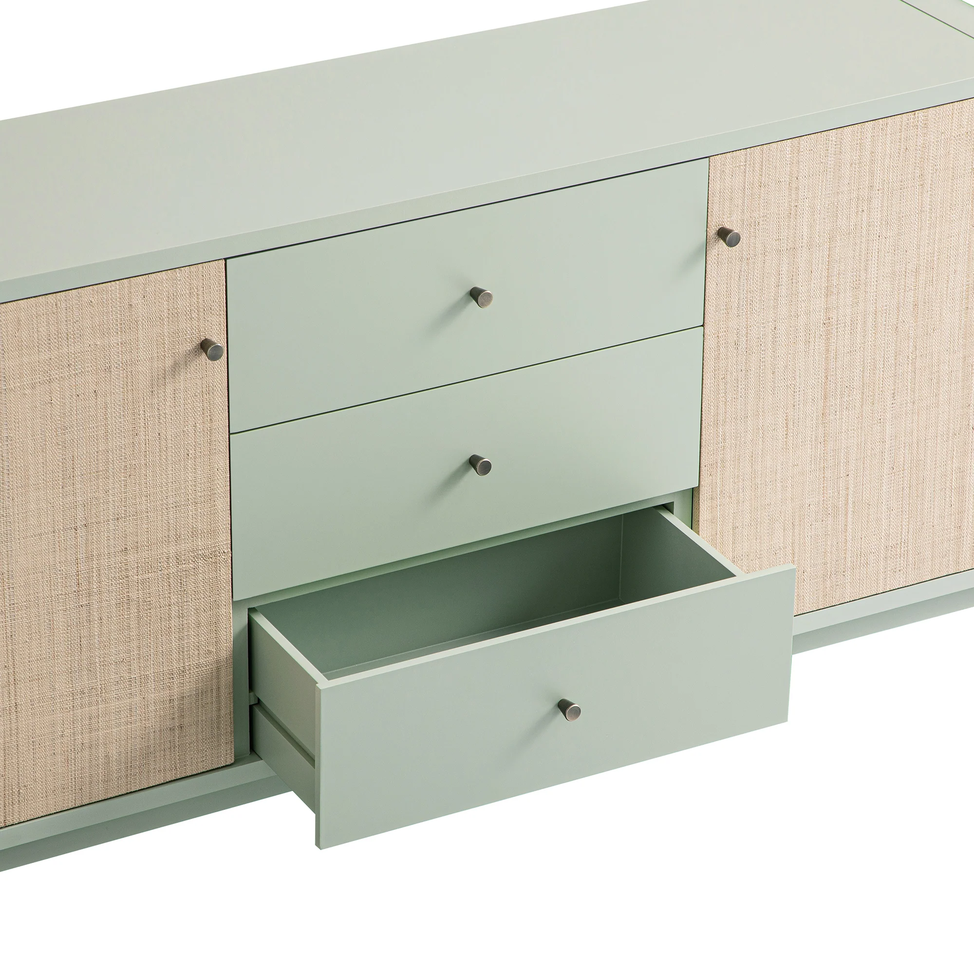 Maude Wide 3-Drawer Sideboard, Muted Pistachio Ash with Raffia - Image 16