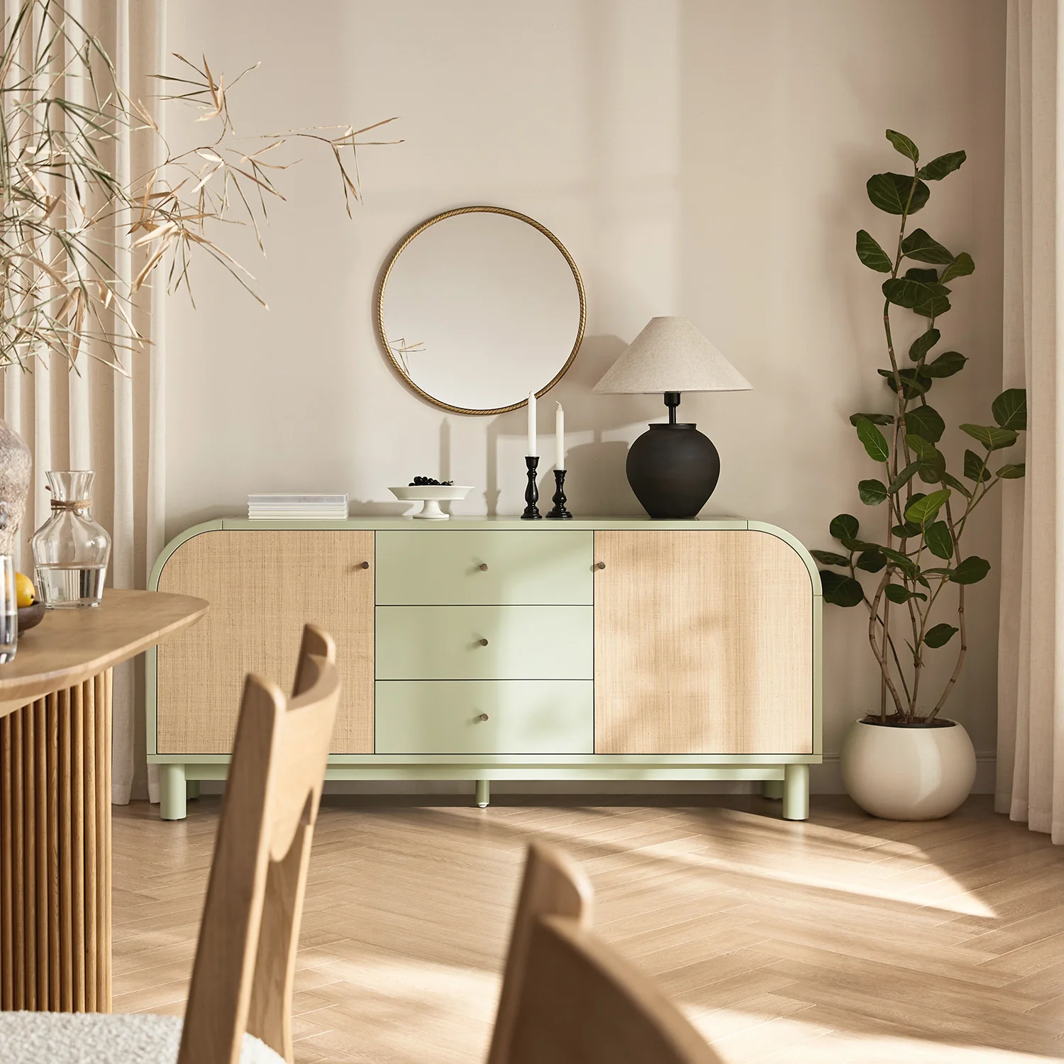 Maude Wide 3-Drawer Sideboard, Muted Pistachio Ash with Raffia - Image 2