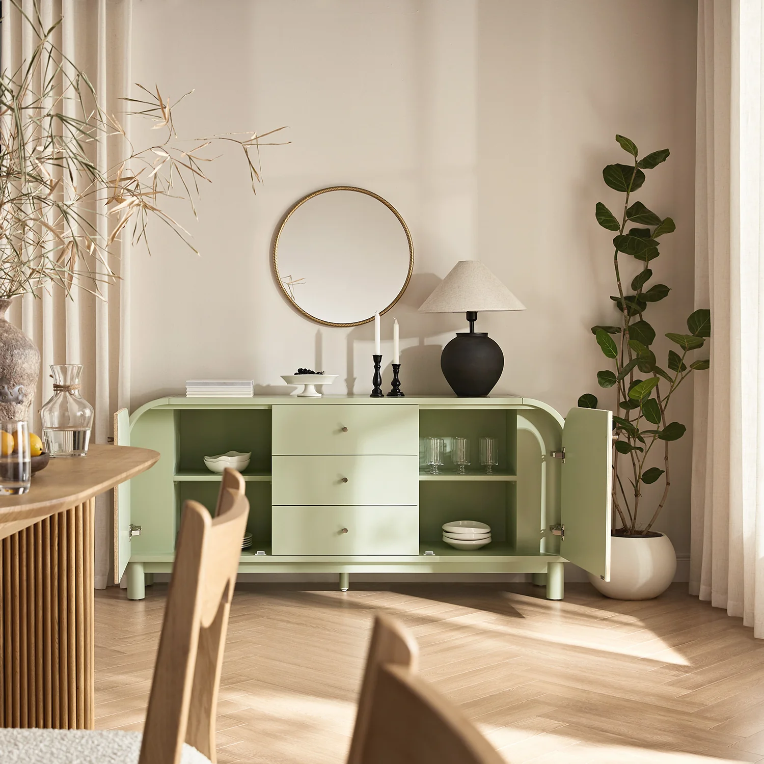 Maude Wide 3-Drawer Sideboard, Muted Pistachio Ash with Raffia - Image 3