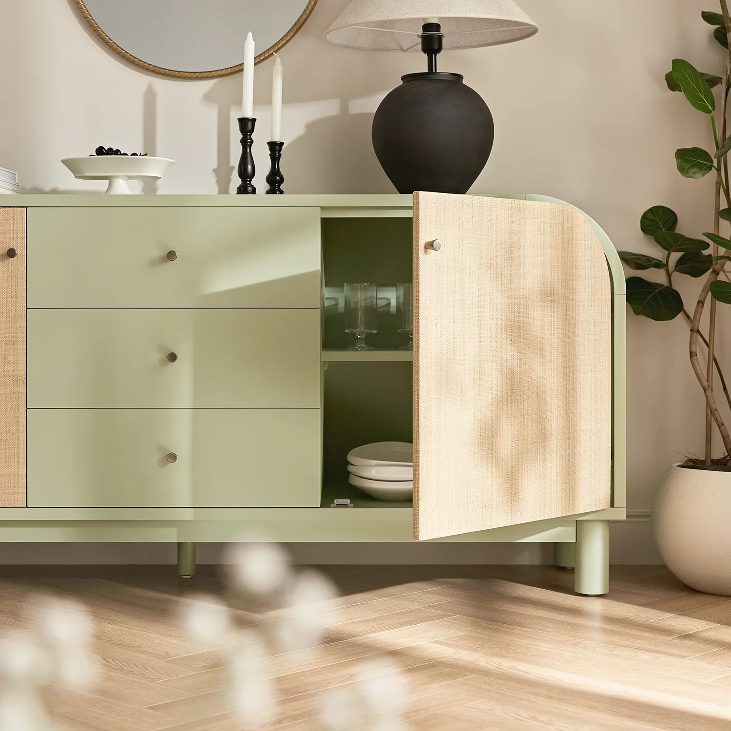 Maude Wide 3-Drawer Sideboard, Muted Pistachio Ash with Raffia - Image 4