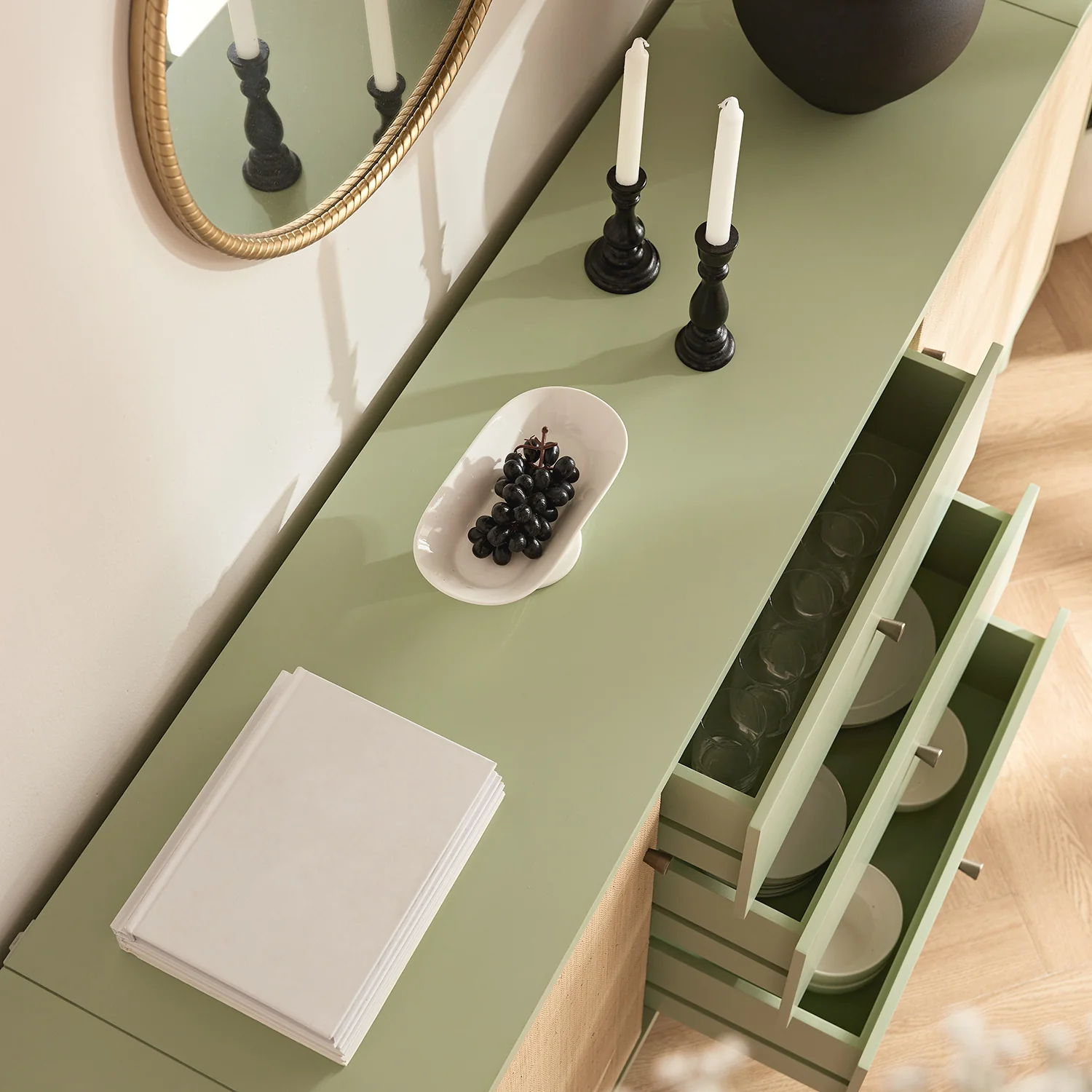 Maude Wide 3-Drawer Sideboard, Muted Pistachio Ash with Raffia - Image 5