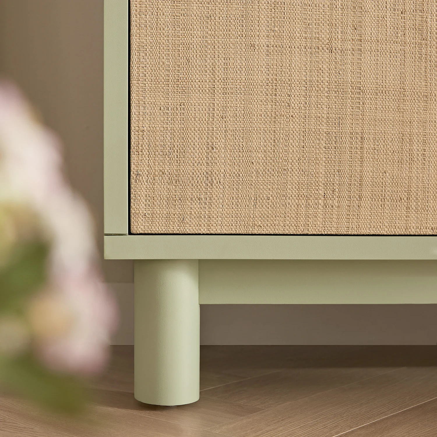 Maude Wide 3-Drawer Sideboard, Muted Pistachio Ash with Raffia - Image 6