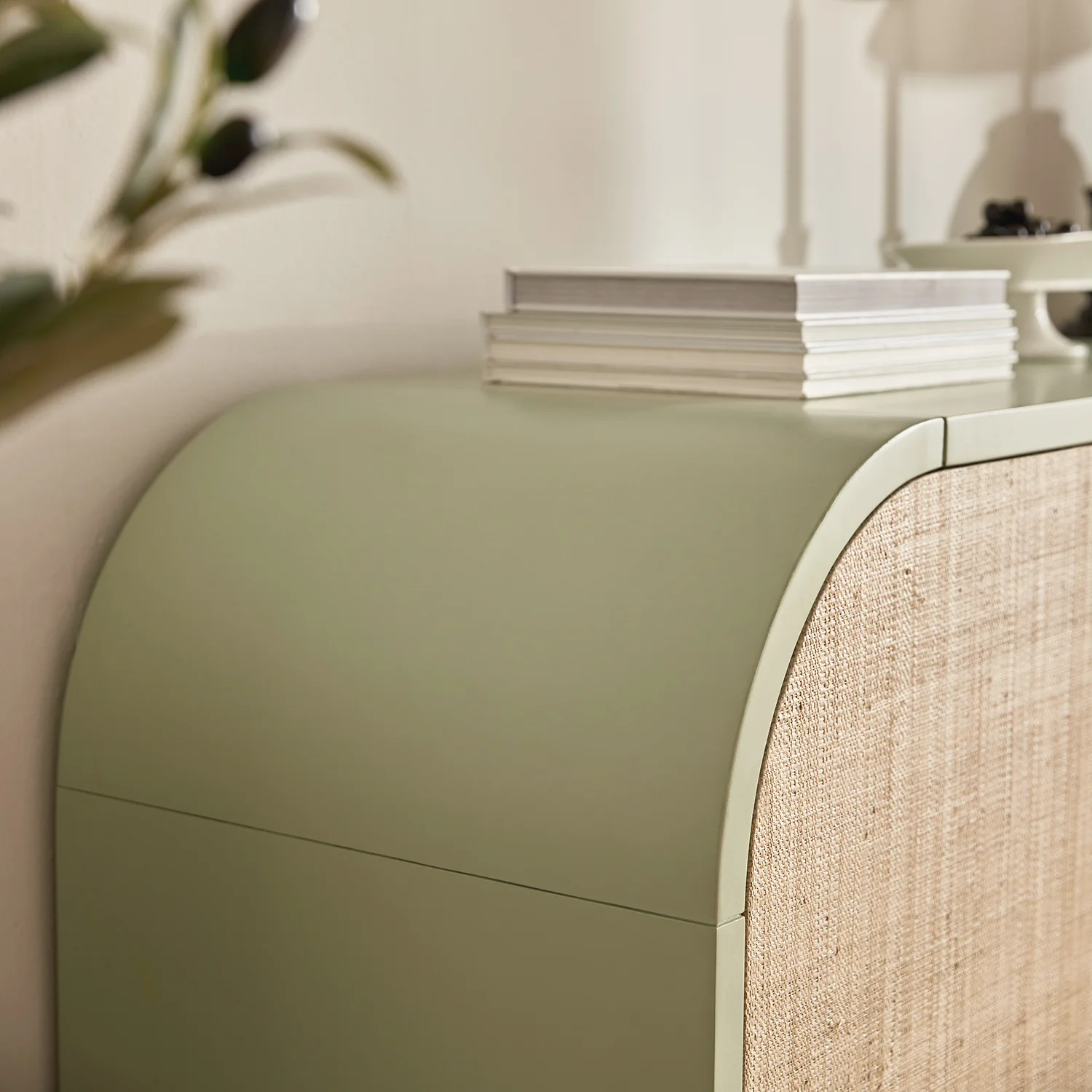 Maude Wide 3-Drawer Sideboard, Muted Pistachio Ash with Raffia - Image 7