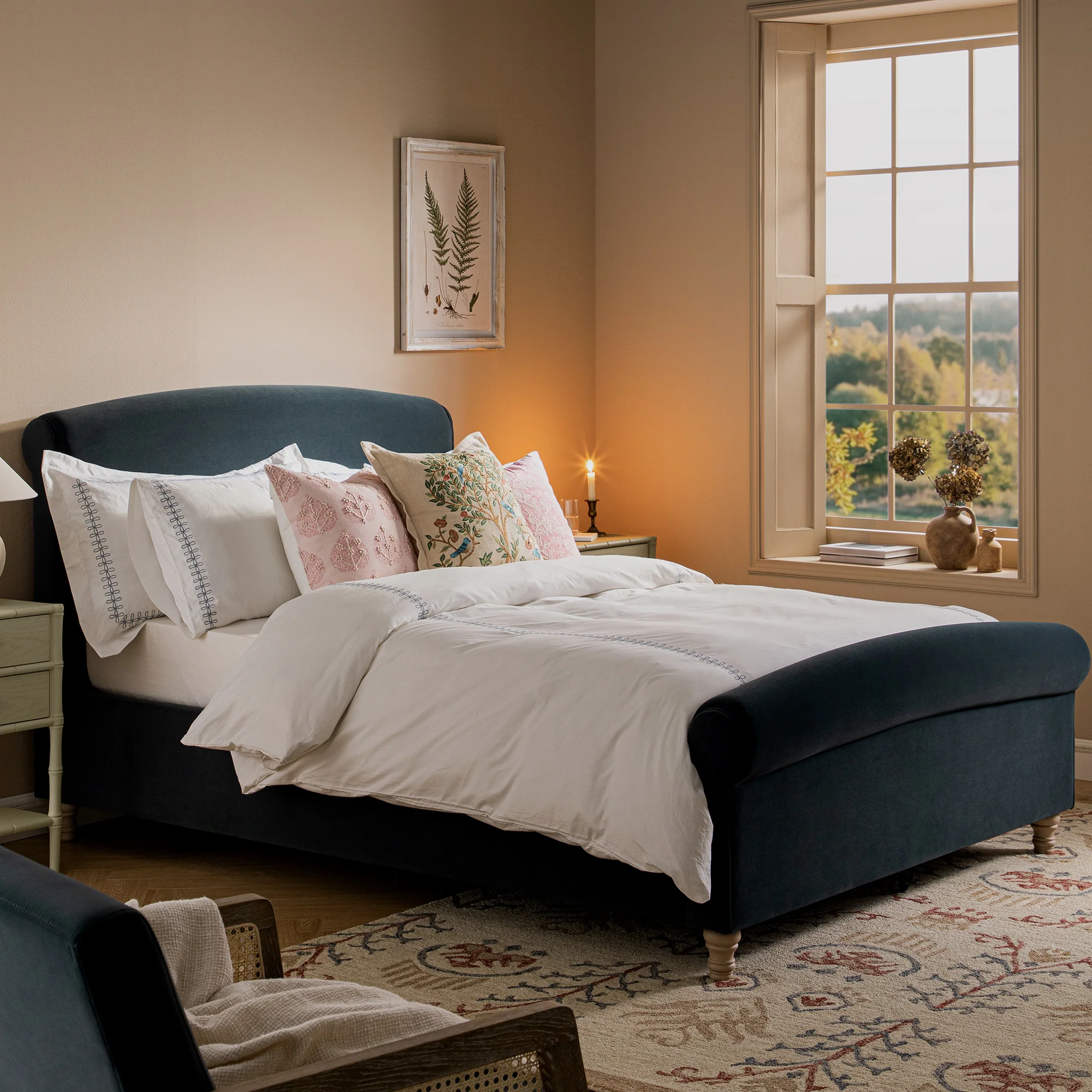 Porchester Ottoman Storage Sleigh Bed, Aegean Blue Velvet