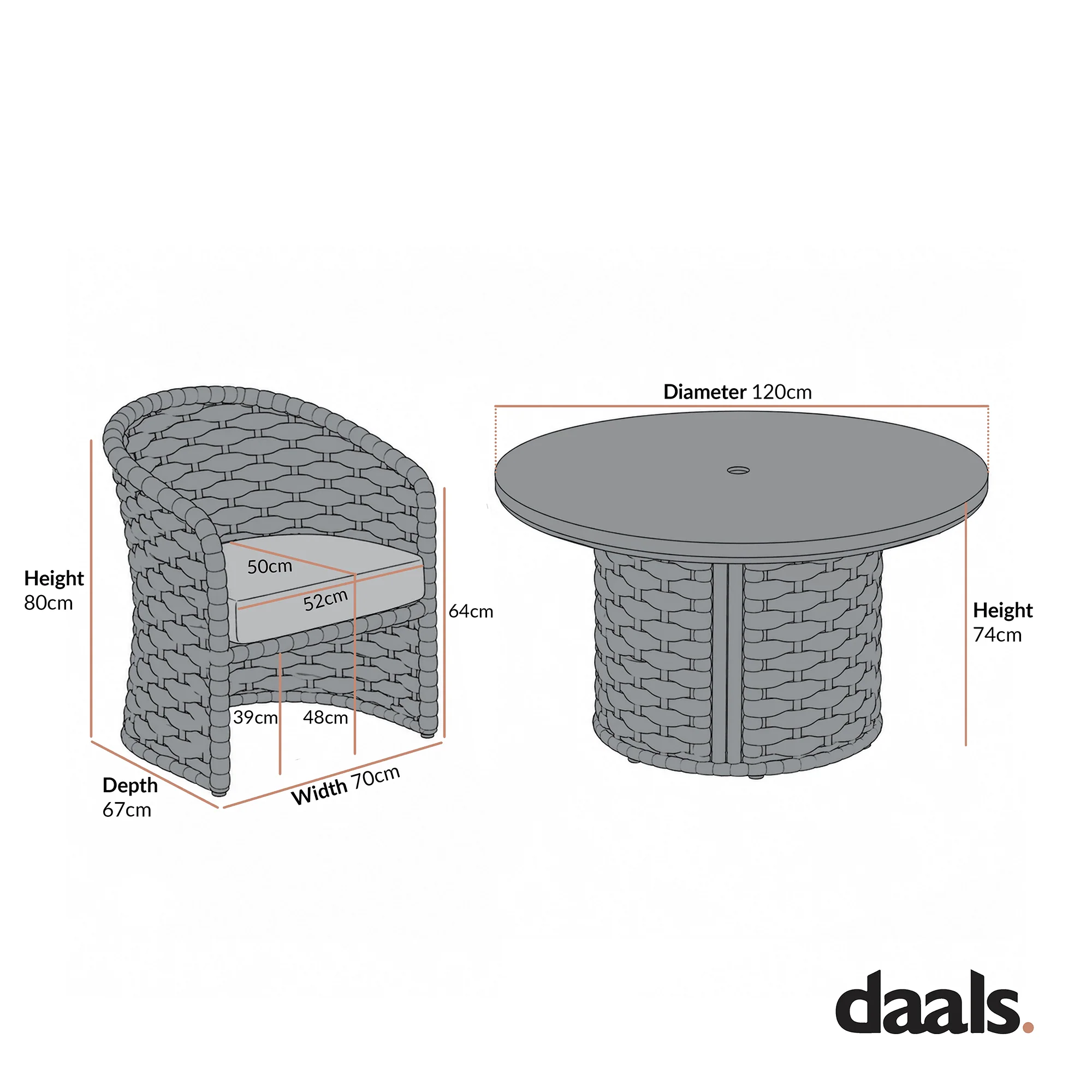 Positano Wide Rope 4-Seater Round Dining Set, Grey - Image 3