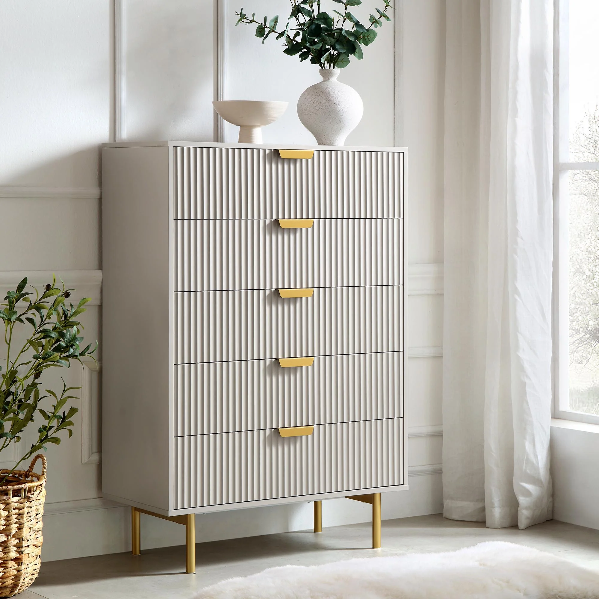 Richmond Ridged Chest of 5 Drawers, Matte Taupe