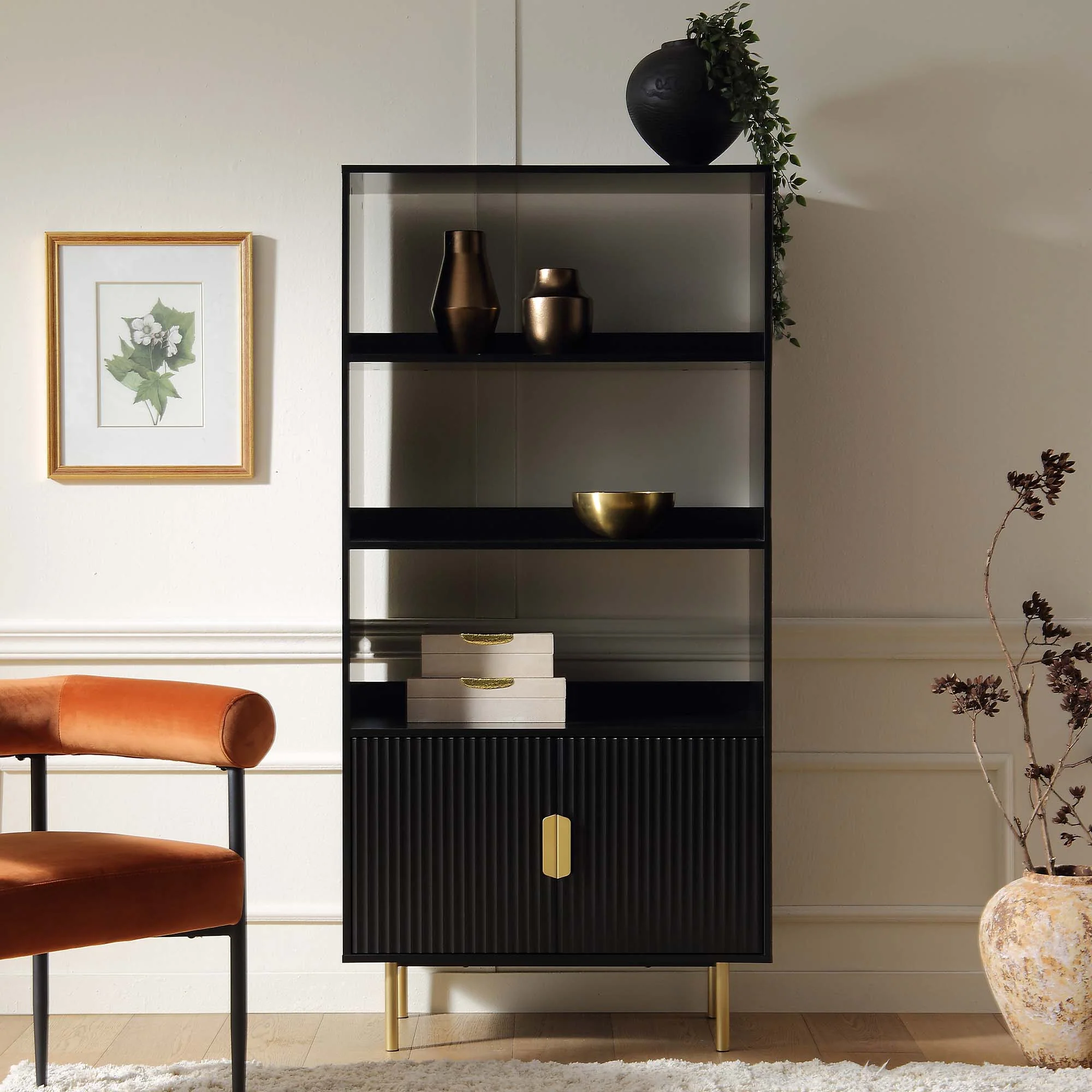 Richmond Ridged Tall Bookcase with Doors, Matte Black