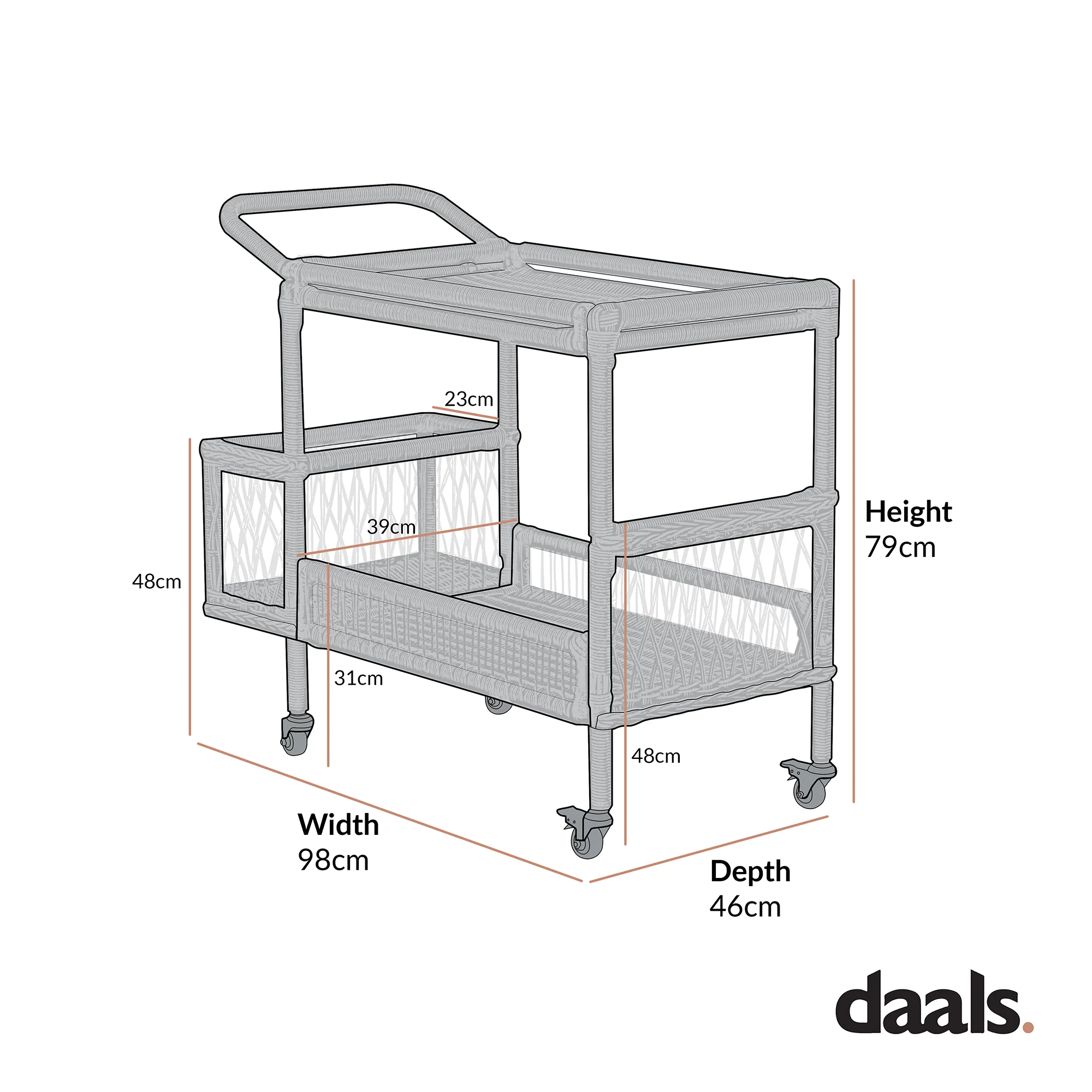 Willowbrook Lattice Weave Rattan Bar Cart, Dark Grey - Image 9
